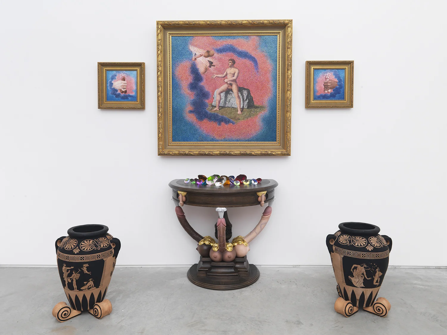 "Hic Habitat Felicitas" / Temple of Onan, 1984 / 2016, Oil on canvas in wooden gold painted frame, hand-carved wooden table painted with oil and gouache, two ceramic urns painted with acrylic gouache