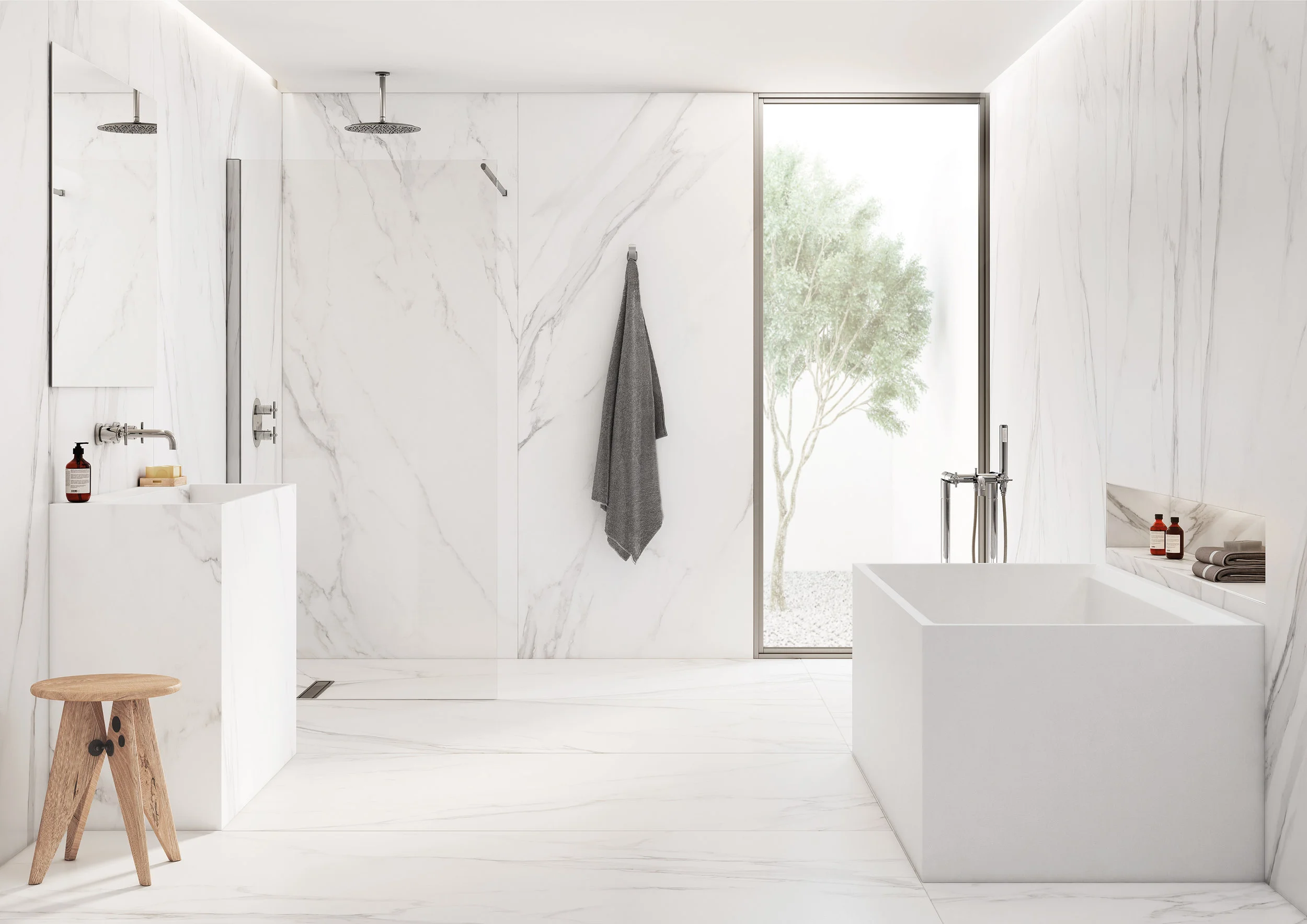 Ambiente de baño para presentar el nuevo producto cerámico Thinbig ® , piezas cerámicas de grandes dimensiones y poco grueso que funcionan de pavimento y de revestimiento y con las que tenemos la oportunidad de realizar muebles enteros. Render imagen final https://www.interiorvista.com