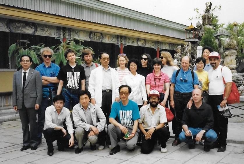 Zhou Qinke (center) and Trans-Antarctica entourage poses for the umpteenth time, Beiing 1990. Photographer: unknown