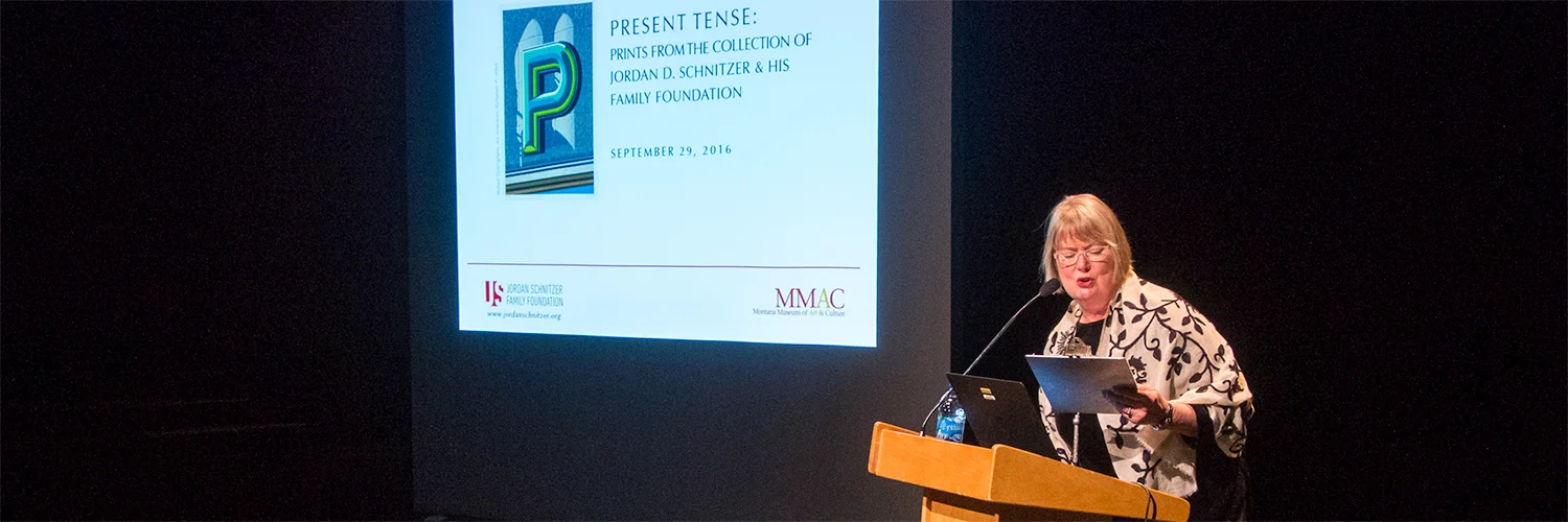 Barbara Koostra, Suzanne and Bruce Crocker Director of Montana Museum of Art & Culture, introduces guest speaker, Jordan D. Schnitzer at the Present Tense: Prints from the Collections of Jordan D. Schnitzer and His Family Foundations exhibition event, 2016