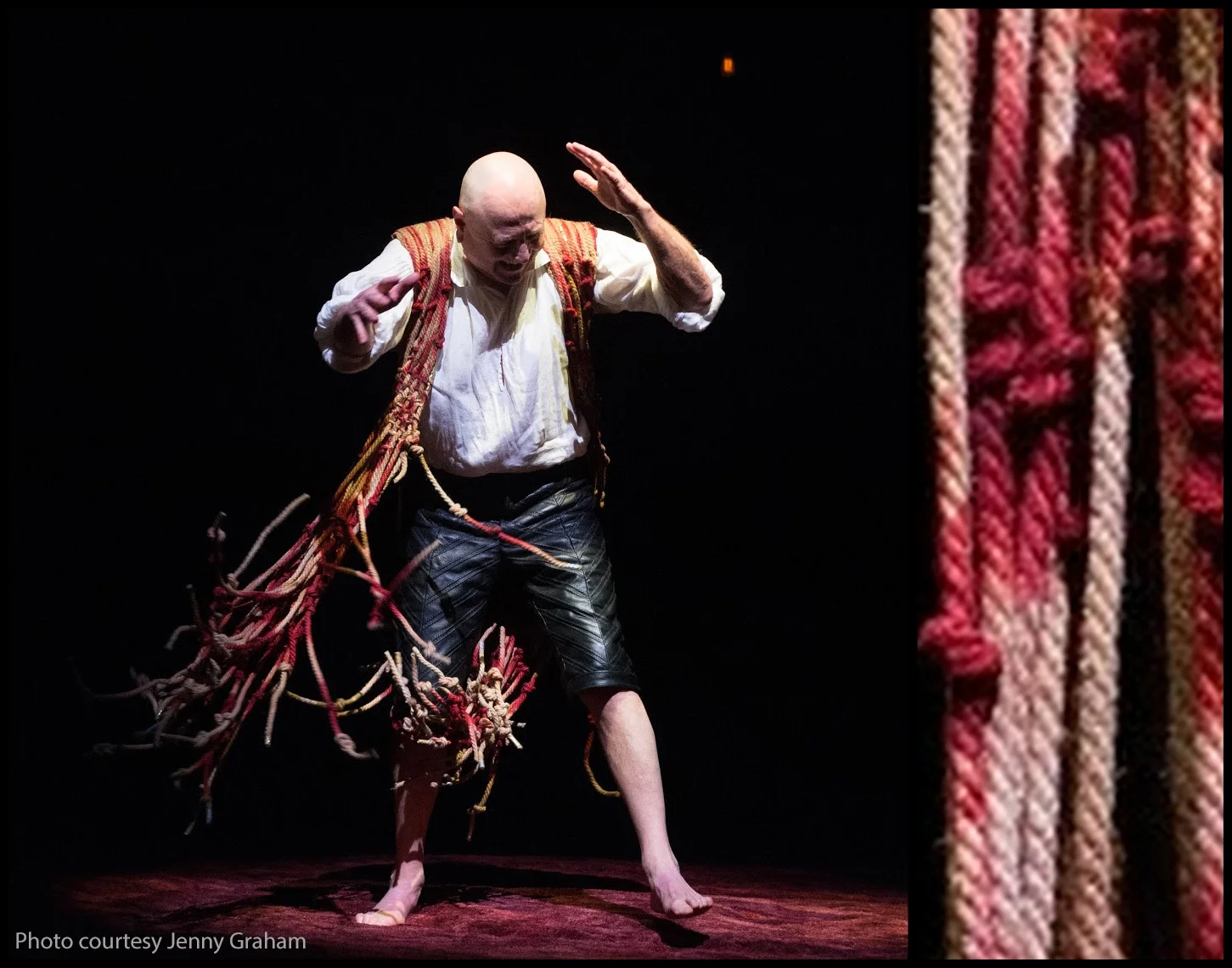 Painted procion dye on hemp rope for Prospero in The Tempest