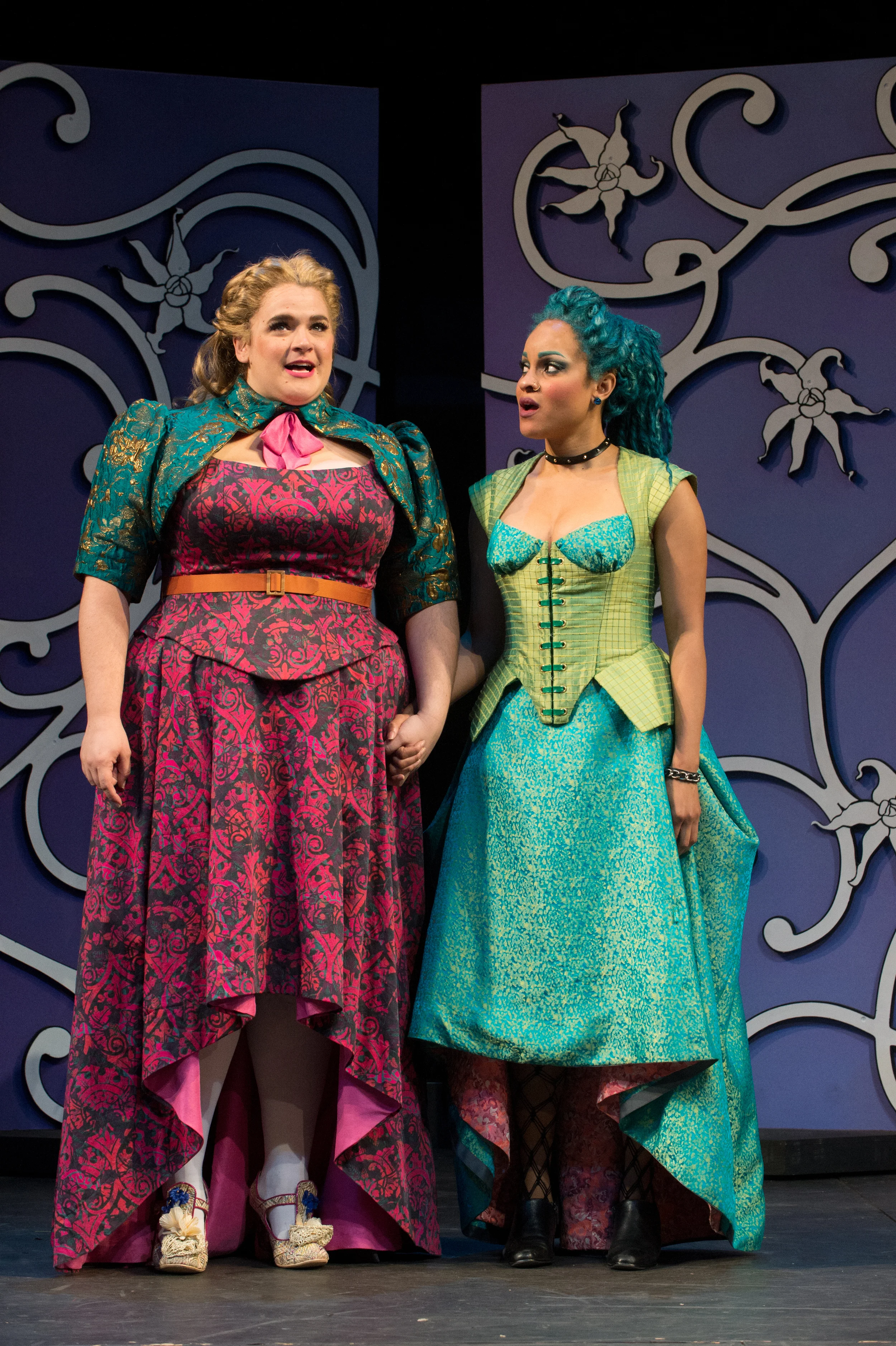Digitally printed gown for Pamela (left) and custom dyed wig for Mopsa (right) in Head Over Heels