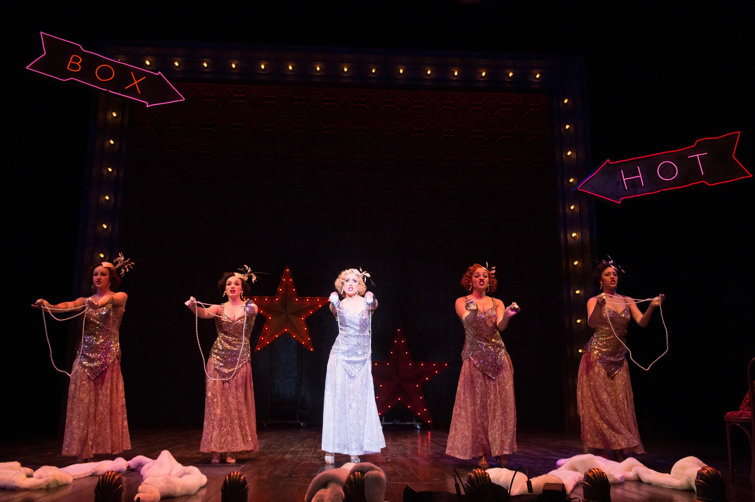 Dyed rose gold net, gloves, and satin for the Hot Box Girls in Guys and Dolls 