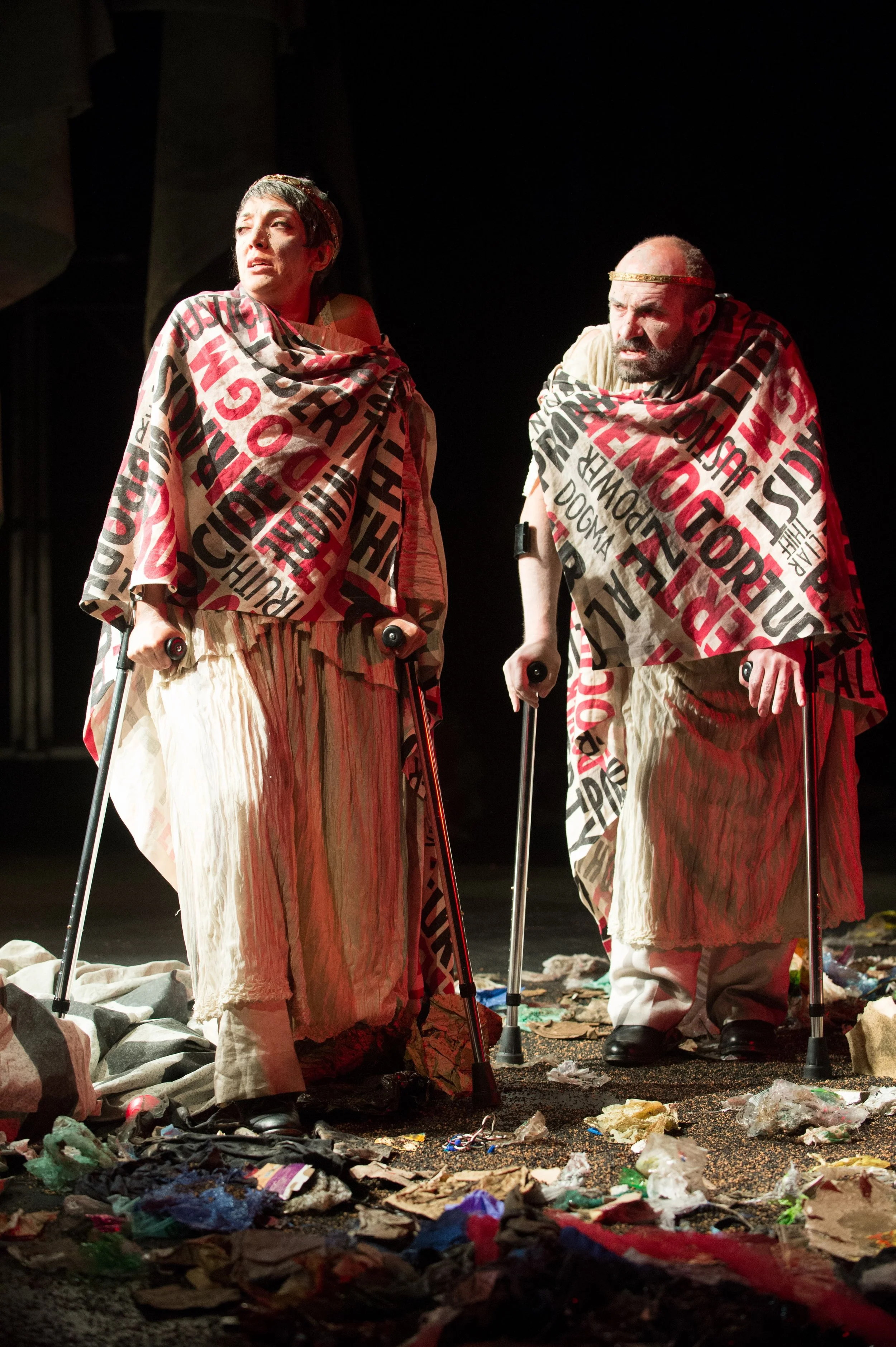 Digitally rendered and printed linen text robes for The Senators in Timon of Athens