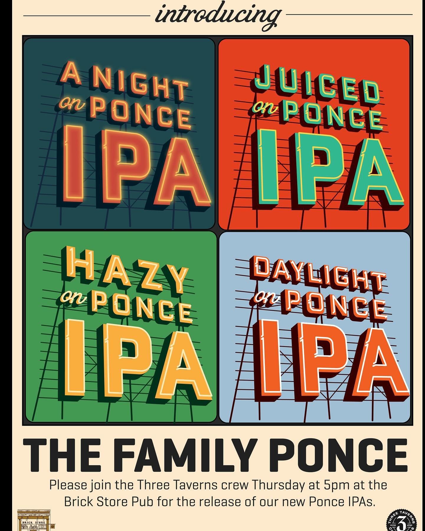 Join the Three Taverns crew tomorrow at 5pm @brickstorepub where we&rsquo;ll be introducing all 3 of the new family additions to A Night On Ponce IPA! Come enjoy a pint or 3 and say hi to our founder, our brewmaster, and our production crew who work 