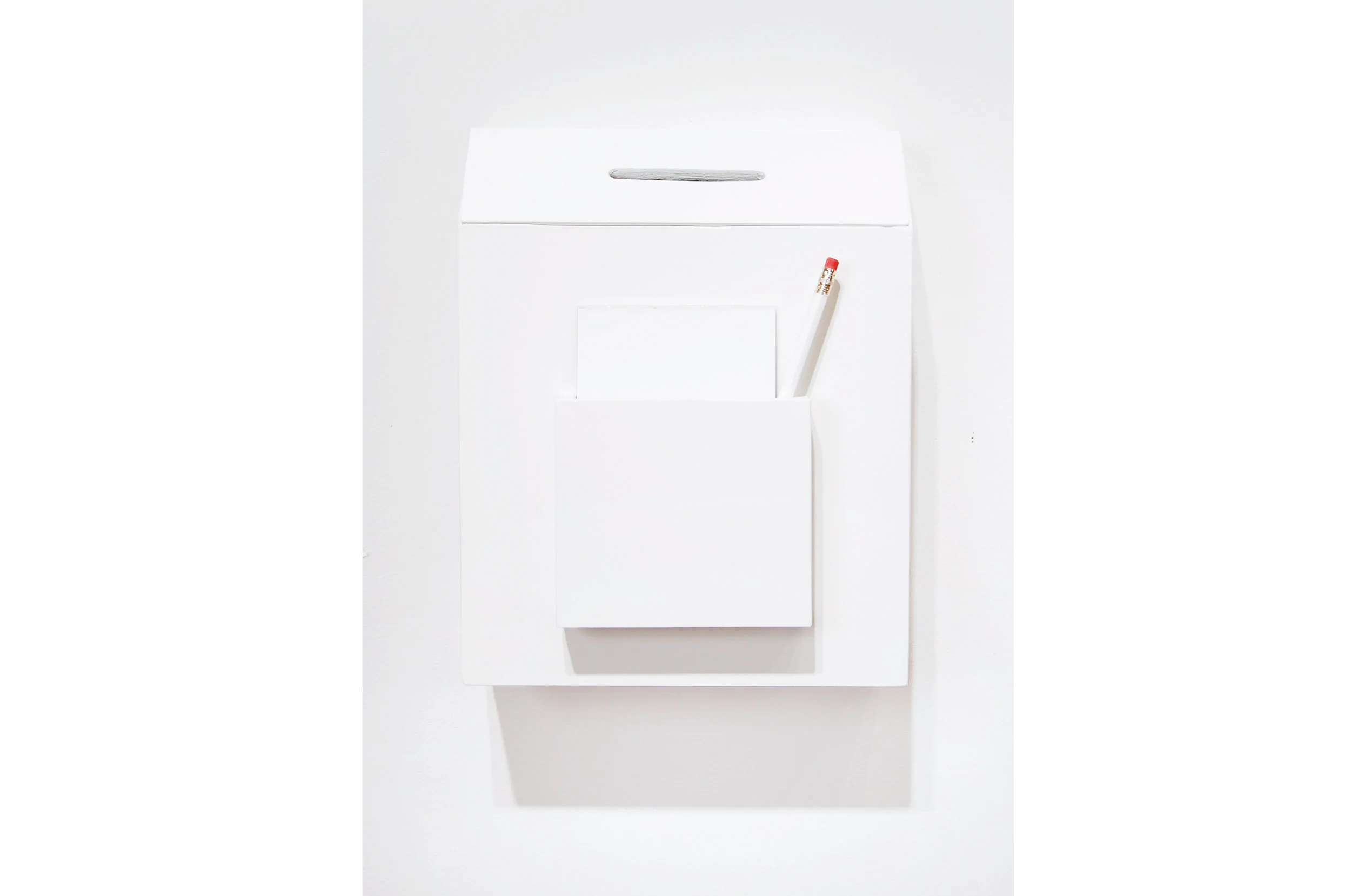 Inferential Penance (detail), 2015, wood wood "secret" donation box, pencil, paper pad