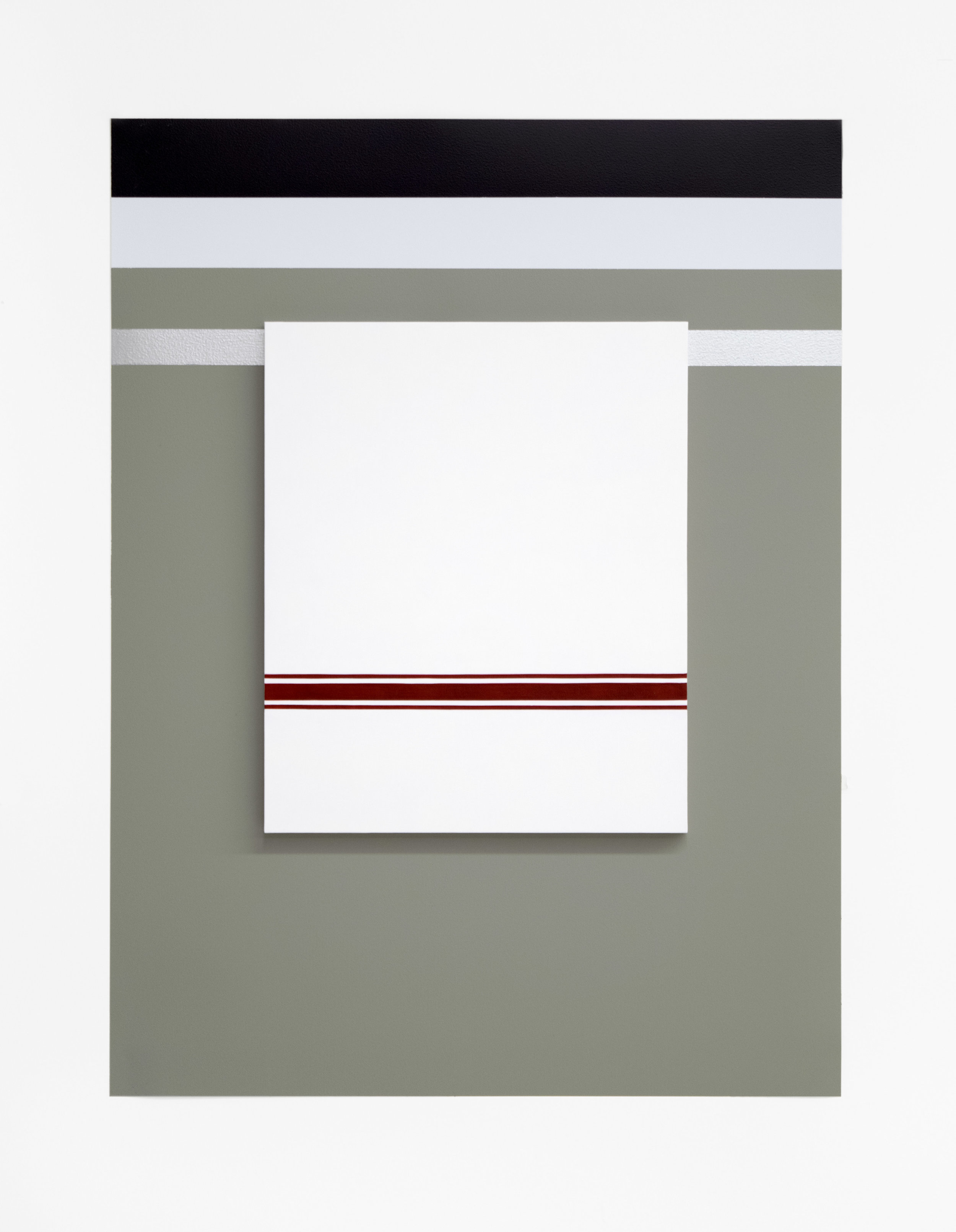   Self Portrait No. 3   2019, 28” h x 21” w x 3/4” d (overall).  Painting: Oil on linen on panel. 14.5” x 12”. Wall: Benjamin Moore: Secret #AF-710,  White Diamond #2121-60, #Black Berry 2119-20, silver acrylic paint. 