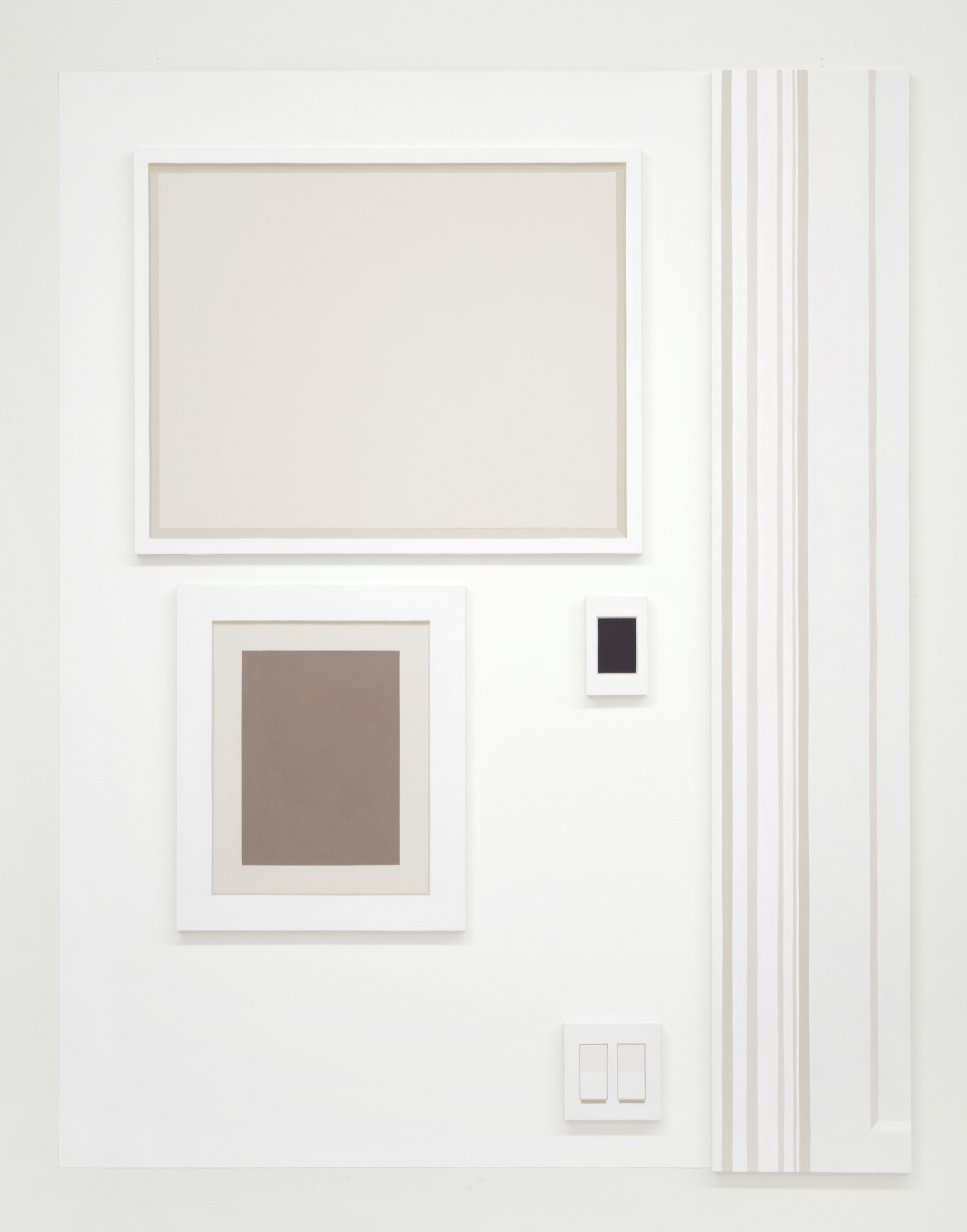   Self Portrait No. 2  2019, 54.75” h x 42.75” w x 3/4” d (overall).  Five Paintings: Oil on linen over panel. Various sizes.  Wall: Benjamin Moore Super White #N215-02. 