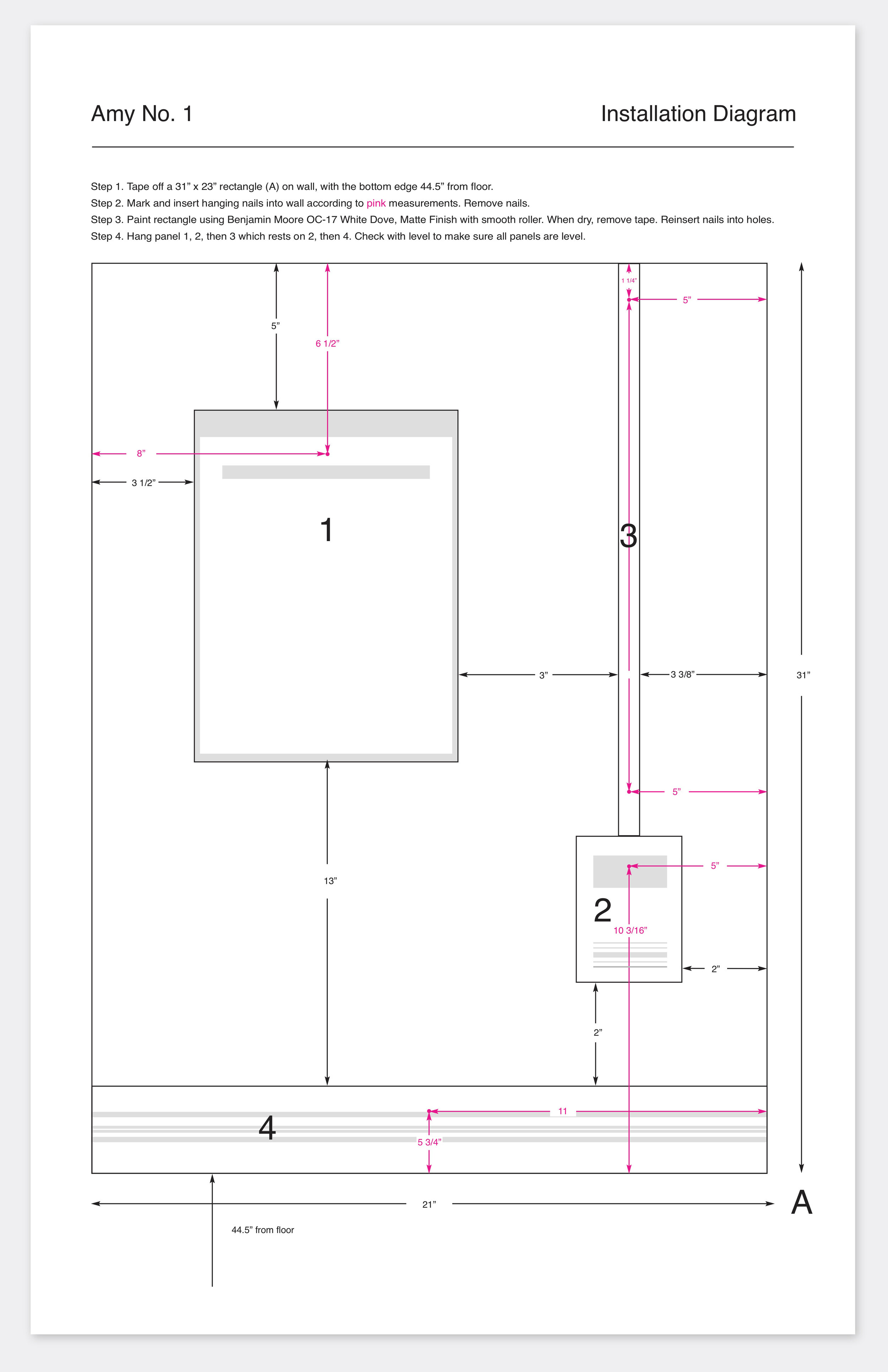  Installation Diagram for  Amy No. 1  2021, 17” x 11”. Digital print.  This plan accompanies the artwork and specifies the color and parameters of a rectangle to be painted on the wall. It also dictates the precise locations of the four oil painting 
