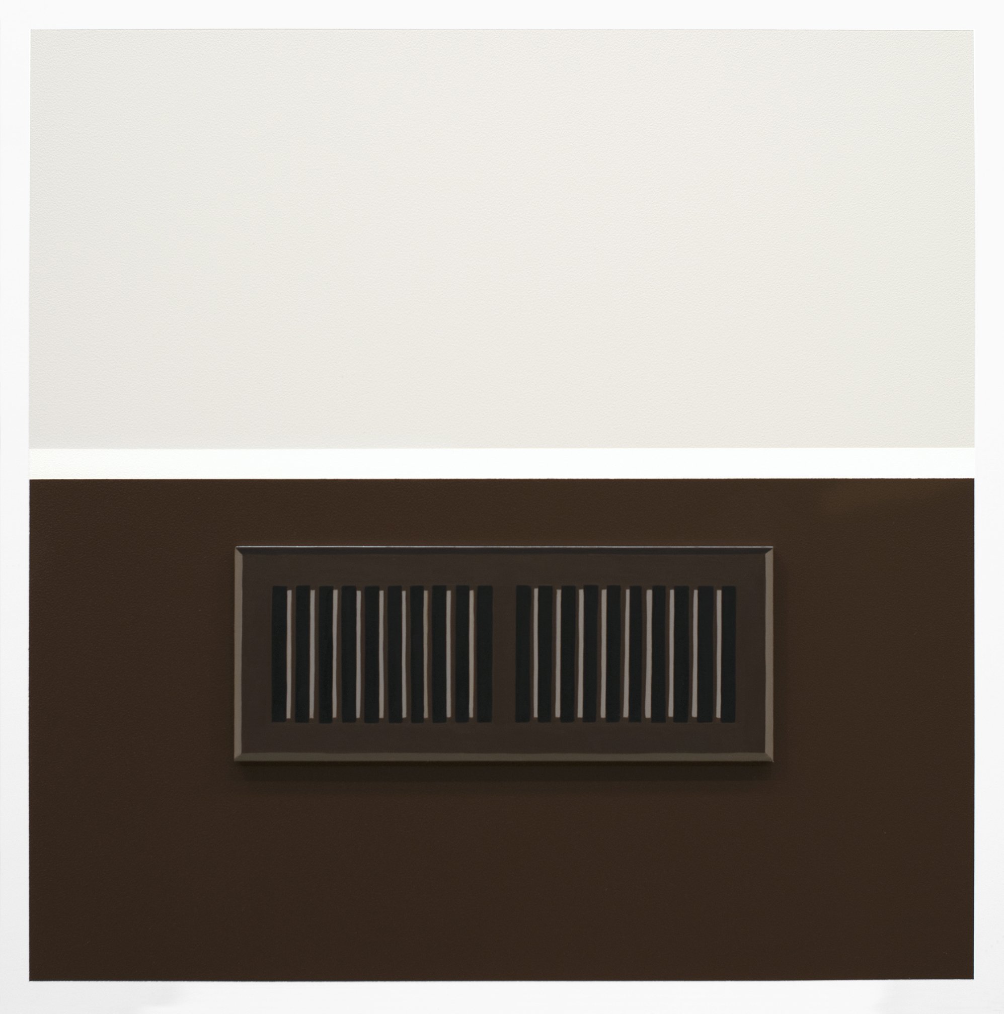  Juliette No. 1   2021, 23 1/2” h x 23 1/2” w x 1/2” d (overall).  Painting:  Oil on linen over panel,  5” x 13” x 1/2”. Wall:  Benjamin Moore: Balboa Mist #OC-27, Linen White #OC-146, Tudor Brown #HC-185. 