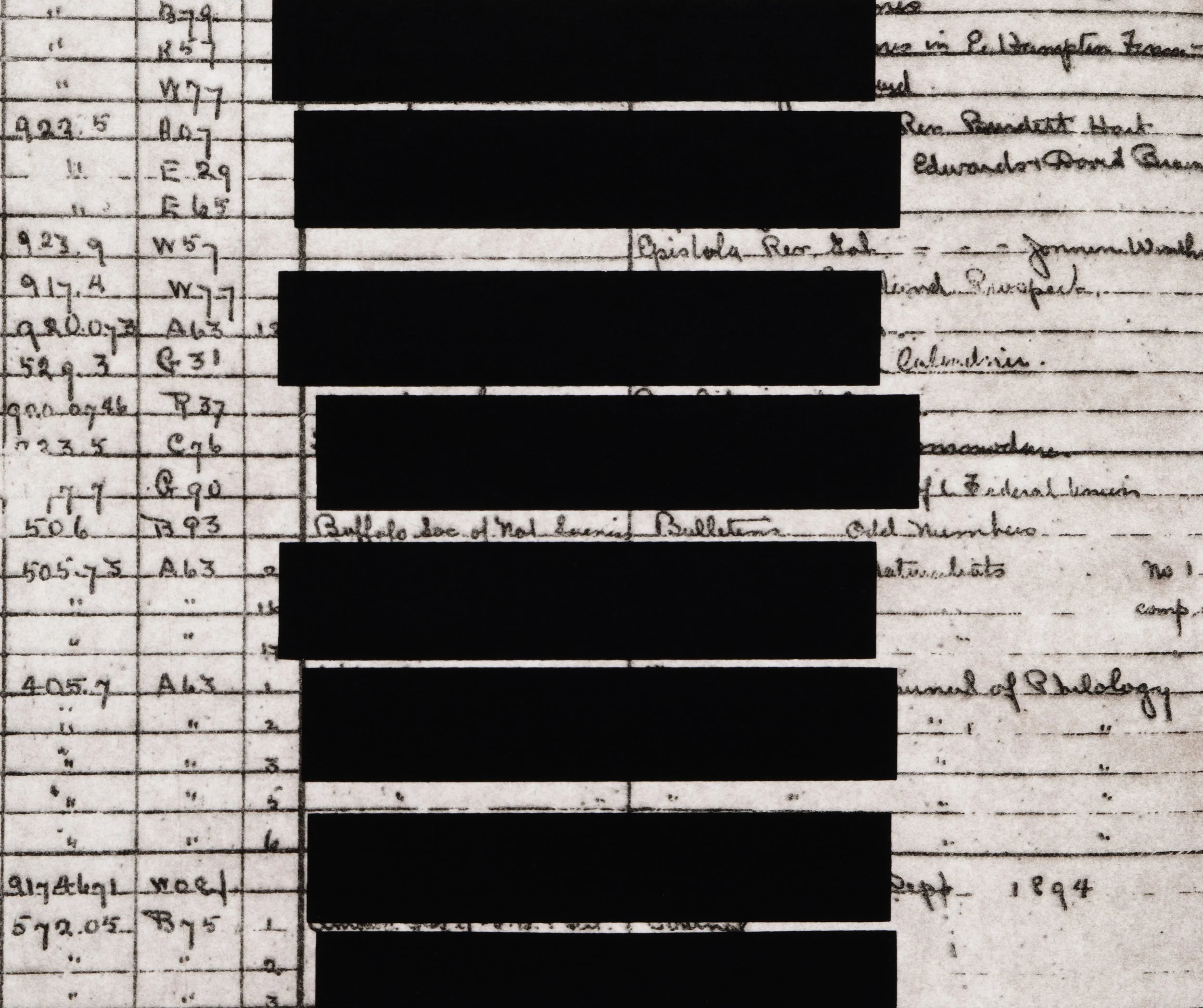  Detail of  Accessions No. 1   19.5" x 17.5 " (paper), 13" x 11.375" (image) Aquatint etching with silkscreen 2025 