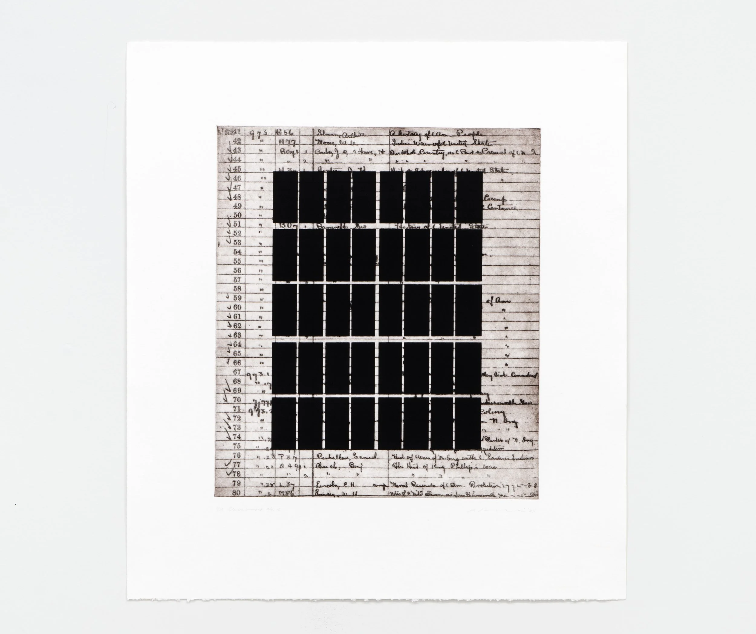   Accessions No. 2  19.5" x 17.5 " (paper), 13" x 11.375" (image) Aquatint etching with silkscreen 2025 