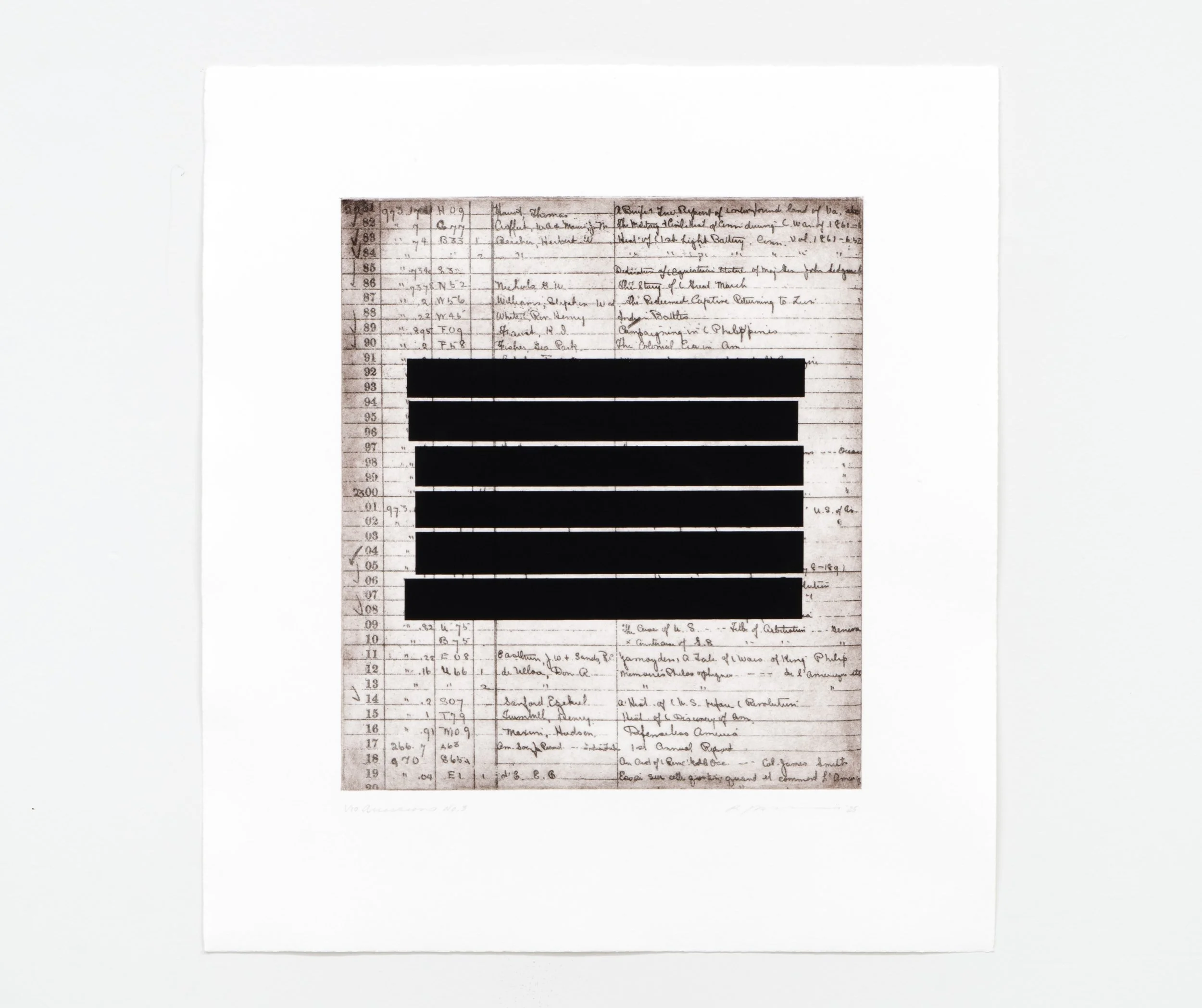   Accessions No. 3  19.5" x 17.5 " (paper), 13" x 11.375" (image) Aquatint etching with silkscreen 2025 