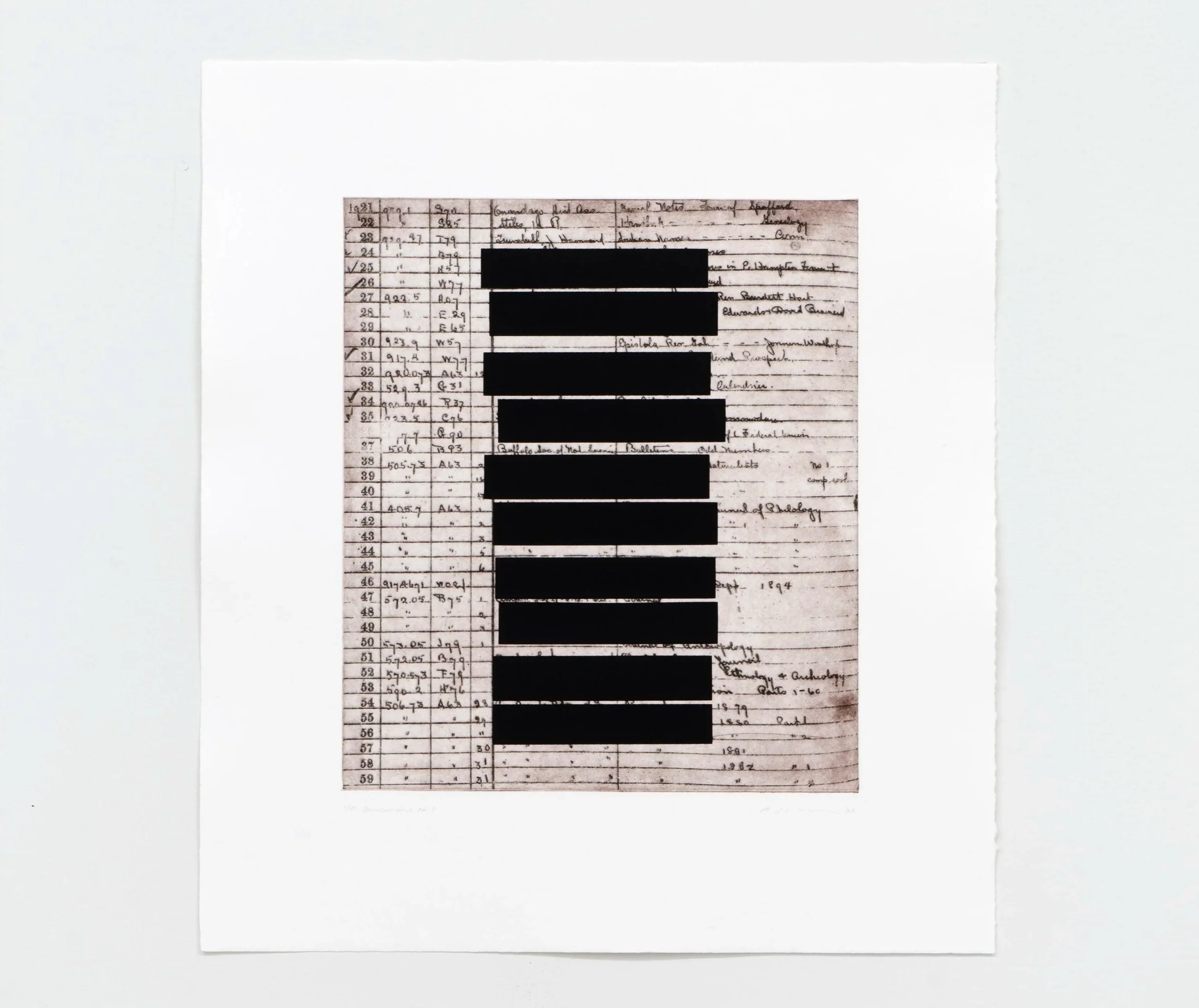   Accessions No. 1  19.5" x 17.5 " (paper), 13" x 11.375" (image) Aquatint etching with silkscreen 2025 