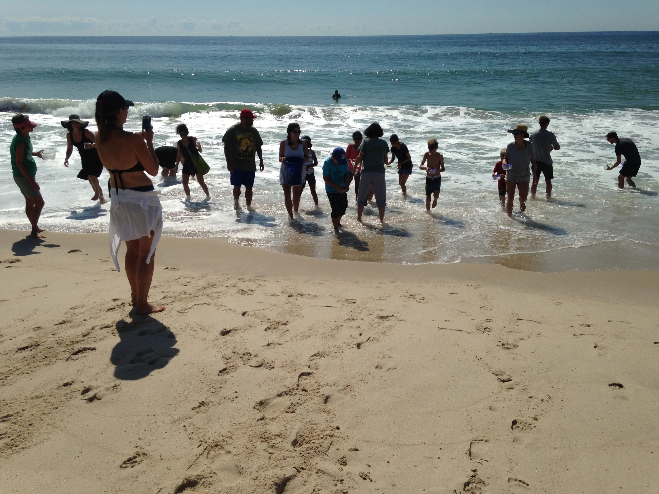 Shelly harvesting a full bucket of fresh Atlantic Ocean sea water while workshop attendees gather water in their containers and buckets at Road D beach in Southampton, NY.