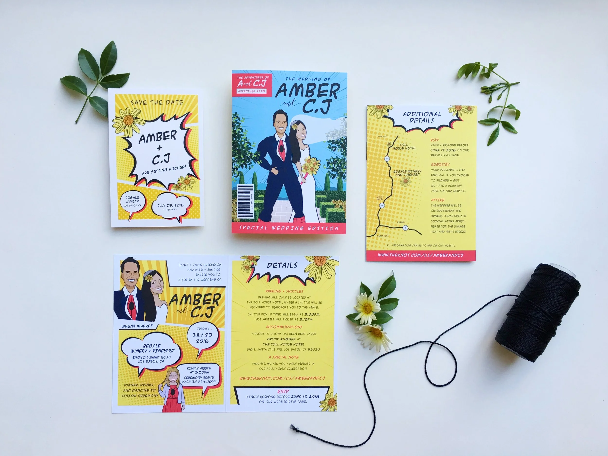 Rita-Alexis-Design-Chris-Amber-Wedding-Invitation-Entire-Suite-Cover-SuperHero-Comic-Yellow-Sunflowers-Illustrations.jpg