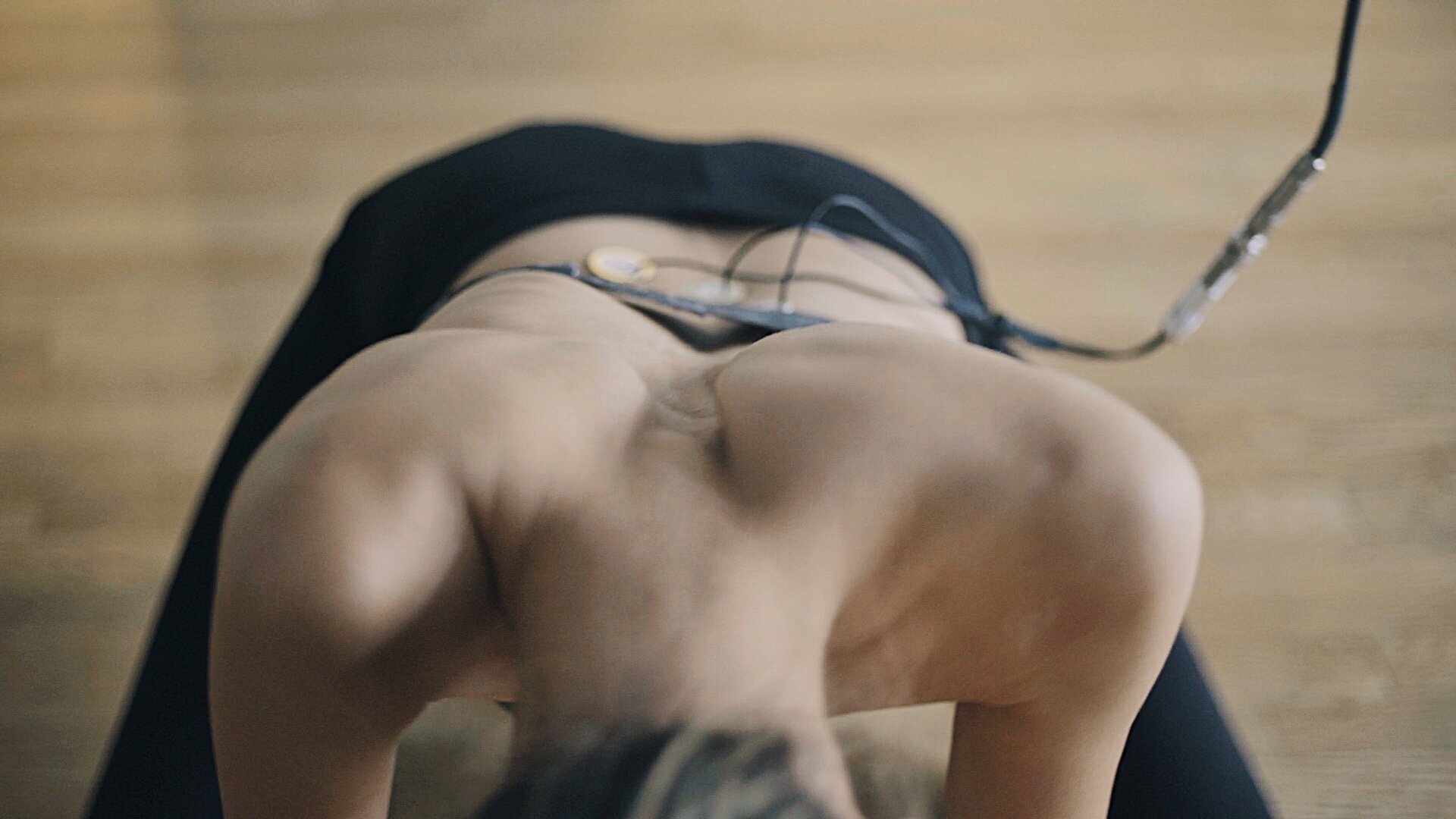  The performance uses several microphones attached to the dancer’s moving body, capturing the live sounds of creaking and crackling bones and joints as they shift, transfer, extend, and rotate. While the dancer moves, an electronic musician samples, 