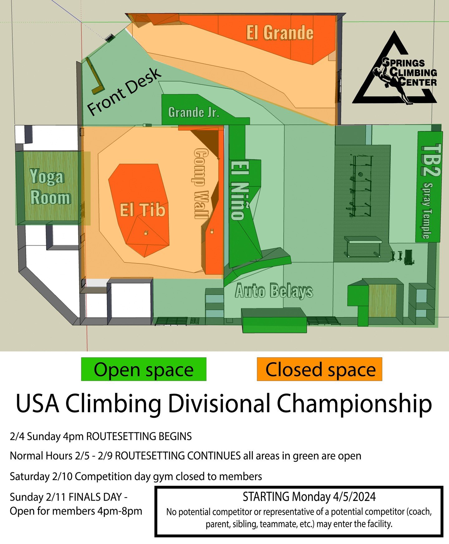 We will be hosting Youth Divisional Championships next weekend! 

Here is the setting schedule.

2/4 Sunday 4pm ROUTESETTING BEGINS

Normal Hours 2/5 - 2/9 ROUTESETTING CONTINUES all areas in green are open

Saturday 2/10 Competition day gym closed