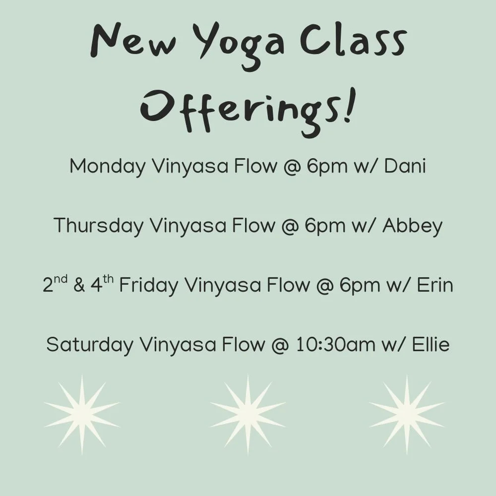 We are offering four new classes and instructors to the SCC Yoga Team beginning in February! 

Mondays 6-7pm with Dani
Thursdays 6-7pm with Abbey 
2nd &amp; 4th Fridays of the month 6-7pm with Erin
Saturday 10:30-11:30 with Ellie 

Yoga classes are f