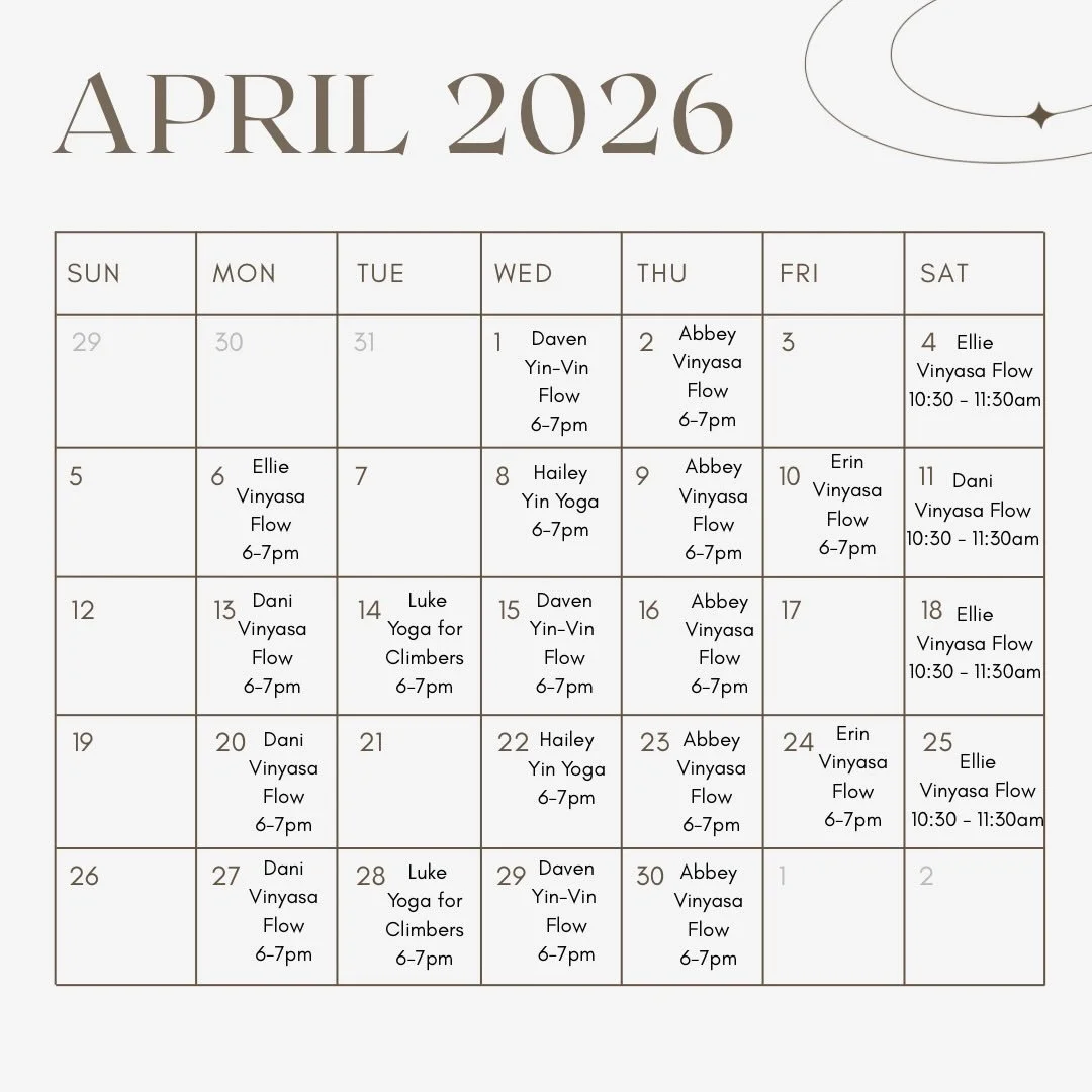Happy April climbing-yogis! ✨🌿 

Not much has changed scheduling wise! We&rsquo;re eager for your feedback on class times and styles - feel free to share in the comments! 

#yoga #coloradosprings #wellness #climbing
