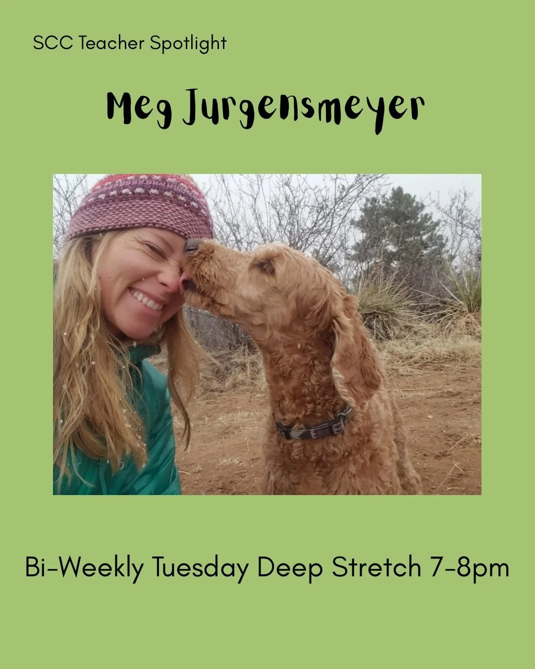Introducing, Meg! ✨🌿

Meg will be guiding a Deep Stretch practice bi-weekly on Tuesday evenings 7-8PM beginning tonight, May 5!

Yoga at SCC is free for members and $10 to walk-in, no pre-registration required! 

#yoga #coloradosprings #wellness #vi
