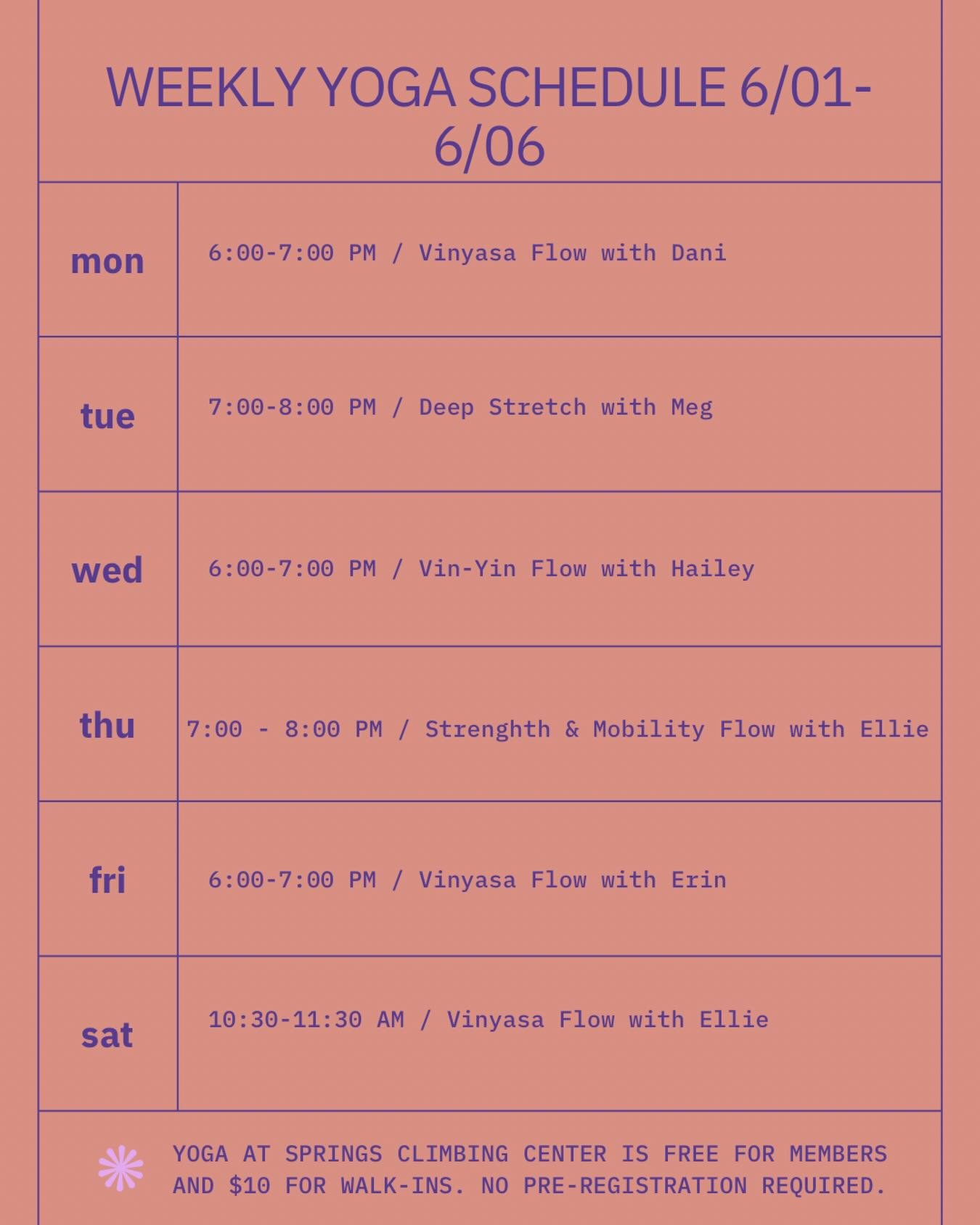 Here&rsquo;s the yoga schedule for the week! 

Find a class time that works for you. 

Yoga @springsclimbingcenter is free for gym members and $10 to walk-in. No preregistration required. 

#yoga #wellness #visitcos #coloradosprings #climbing