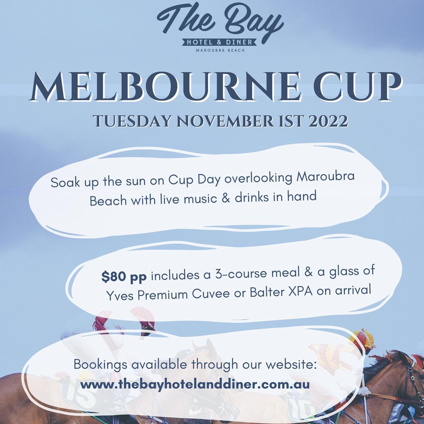 Melbourne Cup 🏇2022 at The Bay! Limited bookings, 80pp includes a glass of Yves premium sparkling or Balter XPA on arrival followed by a 3 course sit down lunch. Prizes &amp; giveaways throughout the day. Live music after the race. Bookings essentia