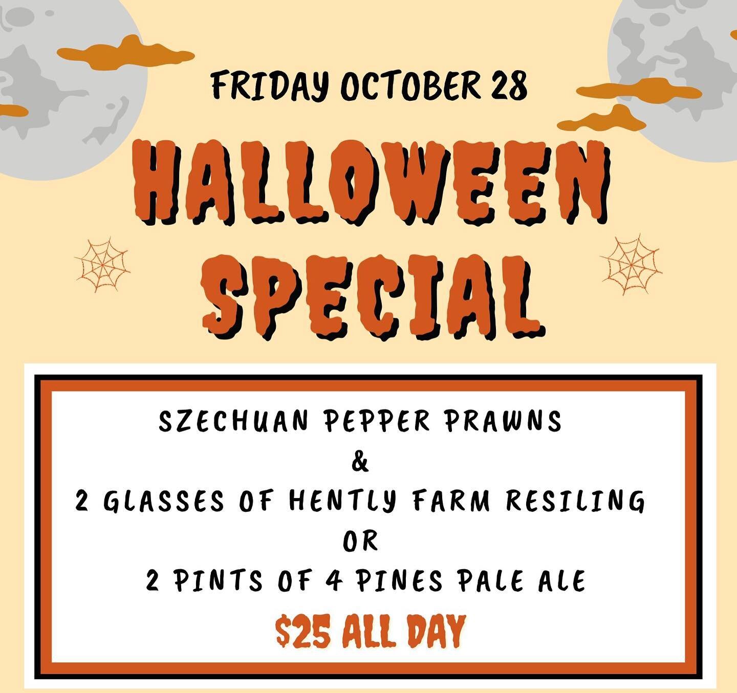 Halloweeeen Special 🎃! This Friday our scarily tasty Szechuan prawns &amp; 2 glass of @hentleyfarm riesling or 2 Pints of @4pinesbeer Pale Ale for $25. Available all day. See you at The Bay!