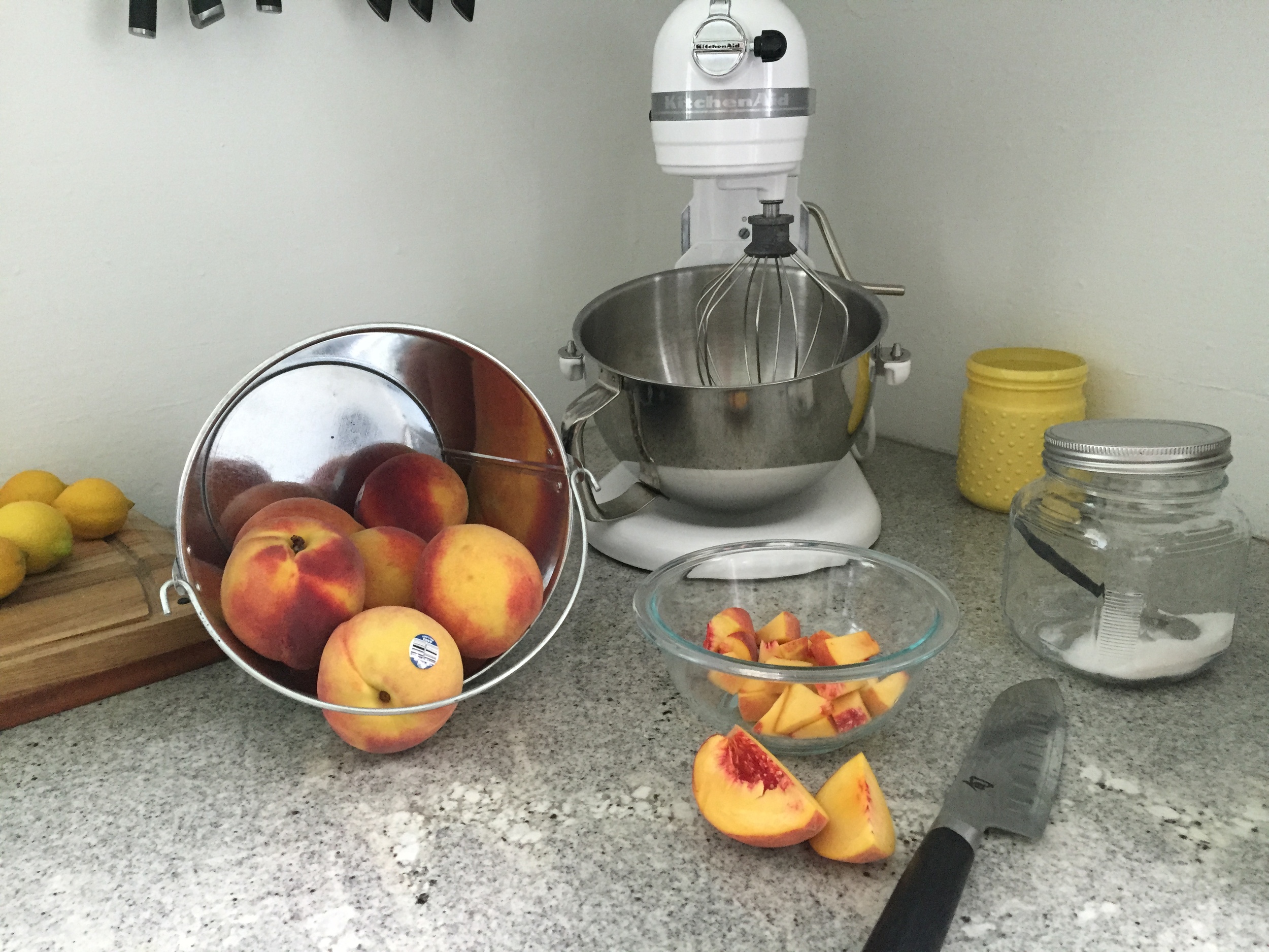 Slice peaches and place in a small bowl.