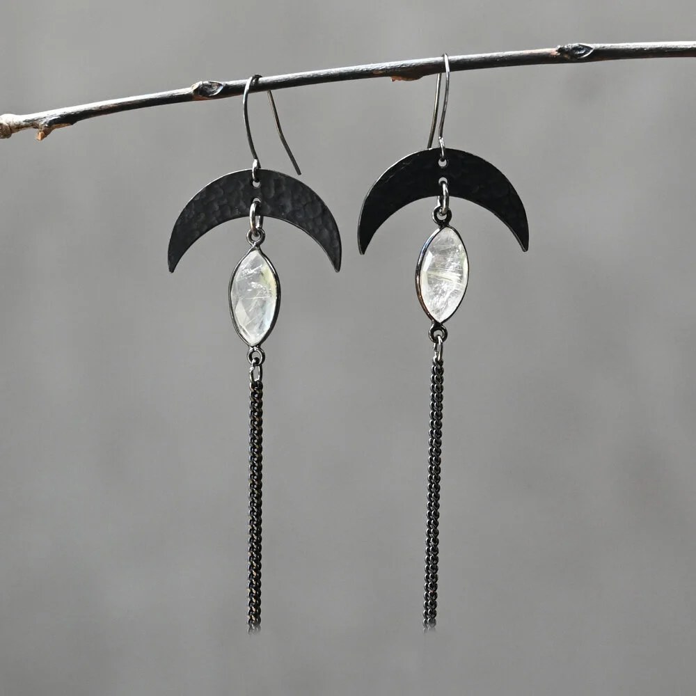 Black Crescent Moon Semi Precious (Golden Rutile) Chain Earrings