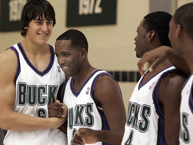 Bogut, Michael Redd, Mason and Bobby Simmons at media day with the Bucks. Source: News Limited