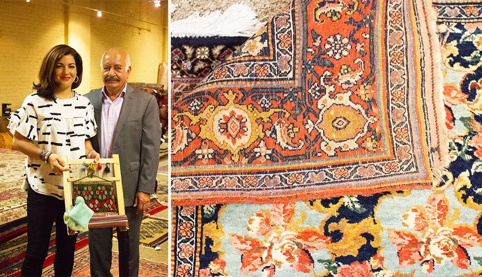 The bdollahis demonstrating how rugs are hand-woven. | Photo by Lauren McGrath for phillymag.com.