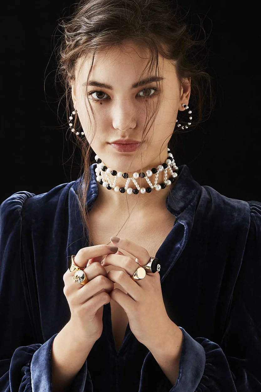 Signal Hoops, Nip Rigns (Onyx and Howlite), Speedway Choker