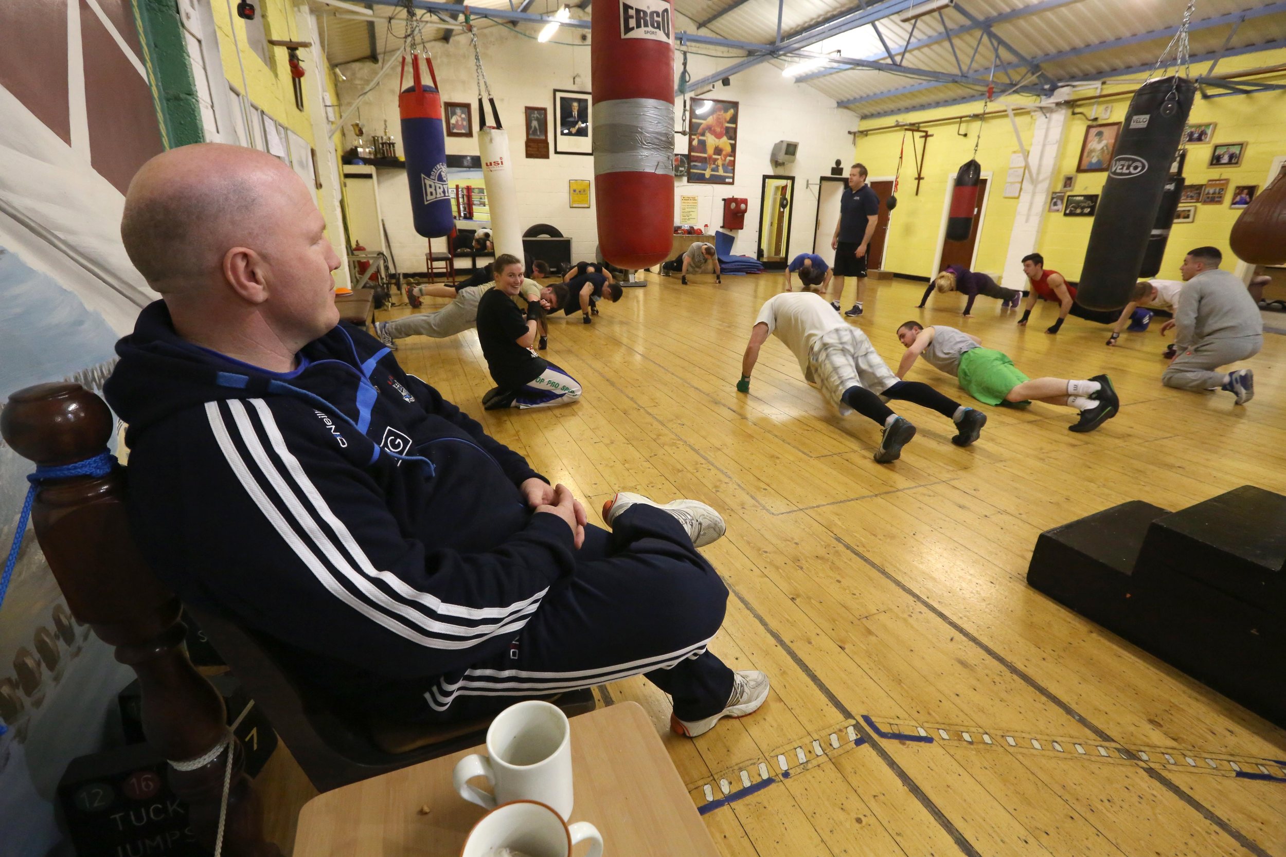  Olympic champion boxer Michael Carruth watching boxers train at Drimnagh Boxing club 