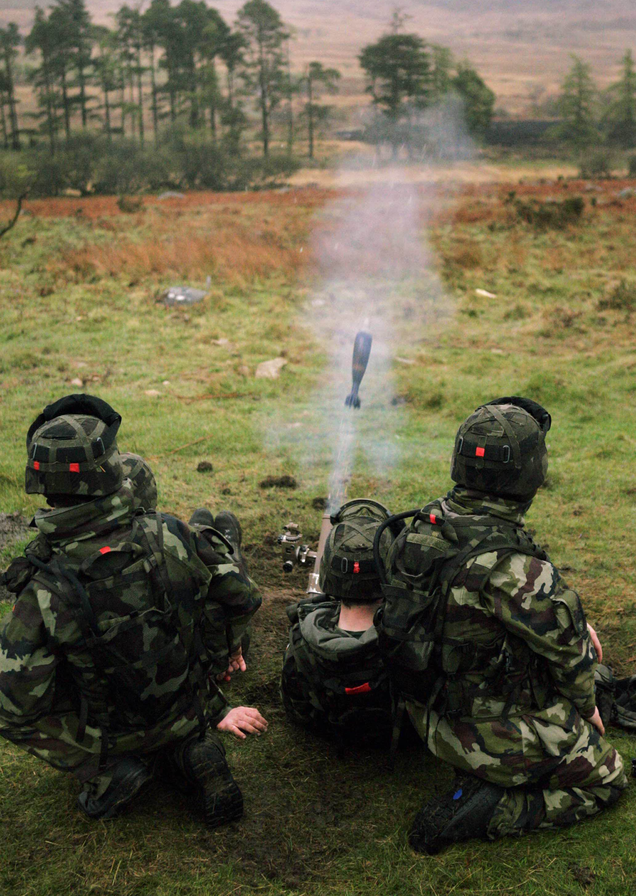  A 60mm Vector Mortar shoots out, as the 100th infantry take part in overseas training for Chad at the Glen of Imaal in Wicklow 