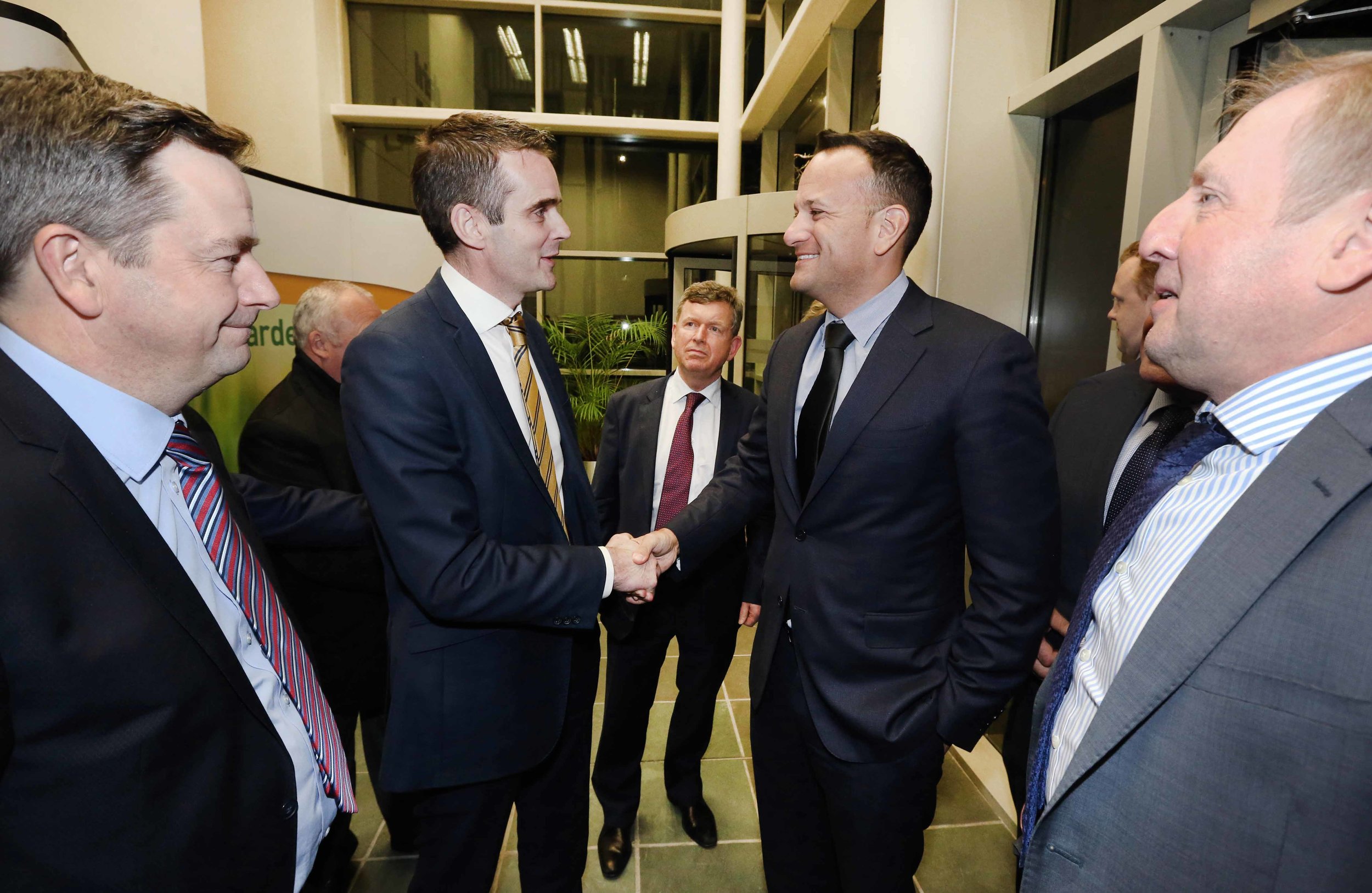  IFA President Joe Healy greets Taoiseach Leo Varadkar to the Farm Centre, flanked by IFA General Secretary Damian McDonald and Ministers for Agriculture Michael Creed. 