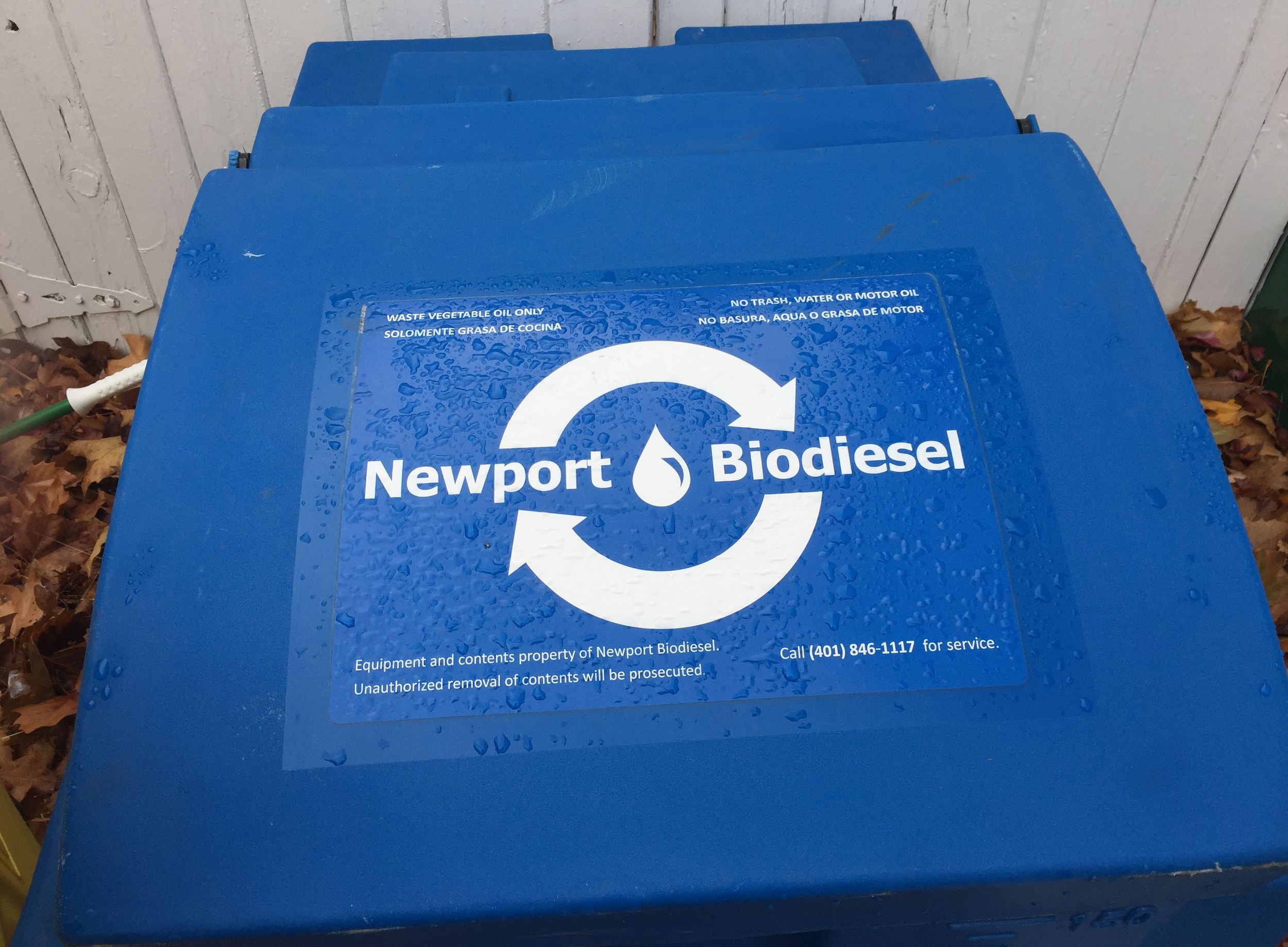 Blue vegetable oil recycling barrel located at WBNA Headquarters, 1560 Westminster. 