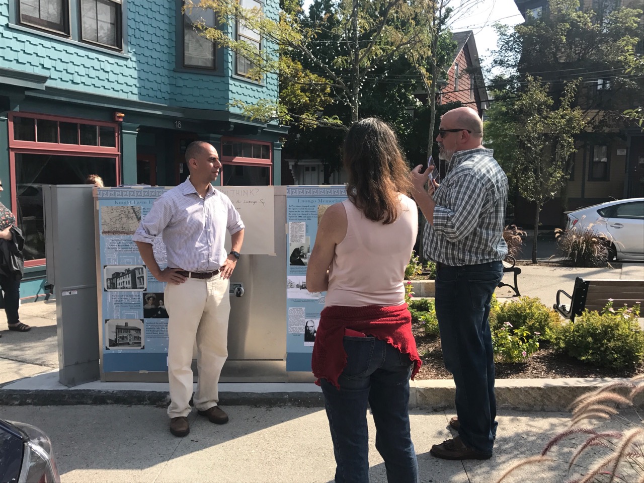 Mayor Jorge Elorza visiting Luongo Memorial Square, the City's newest and perhaps smallest park. Photo by Kari Lang