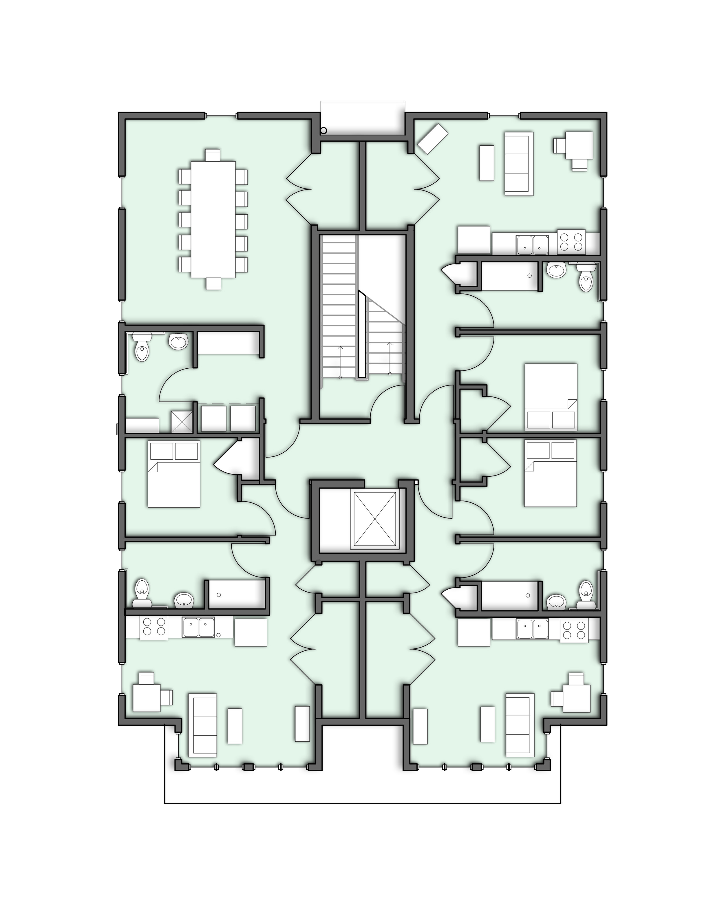  Floor plan of residential units on the 2nd and 3rd floors.  Courtesy of KITE Architects  