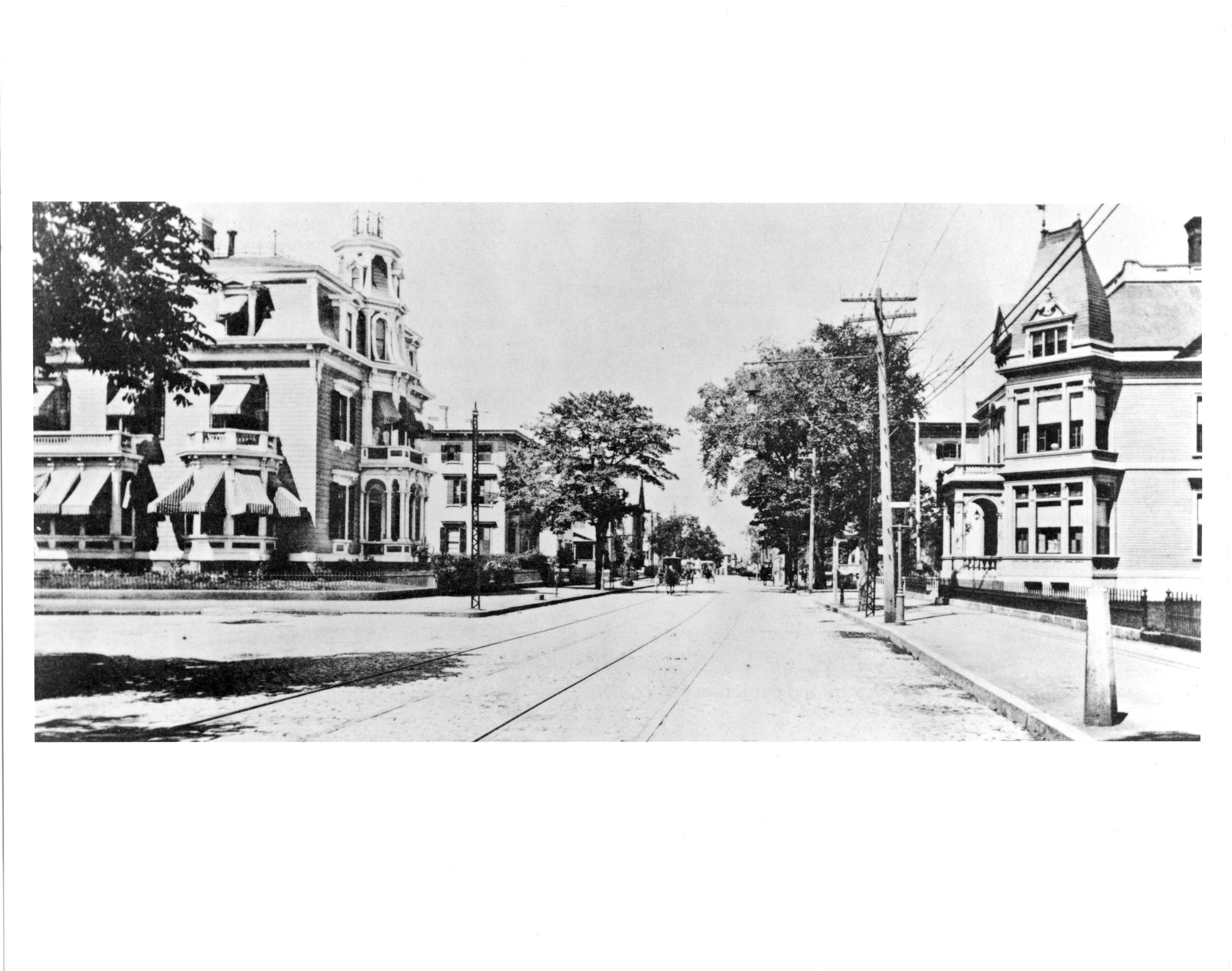  Westminster Street, West End, circa 1900. The first streetcar line was constructed in 1865 on Westminster Street from downtown to Olneyville. Tracks can be seen in this photo. 