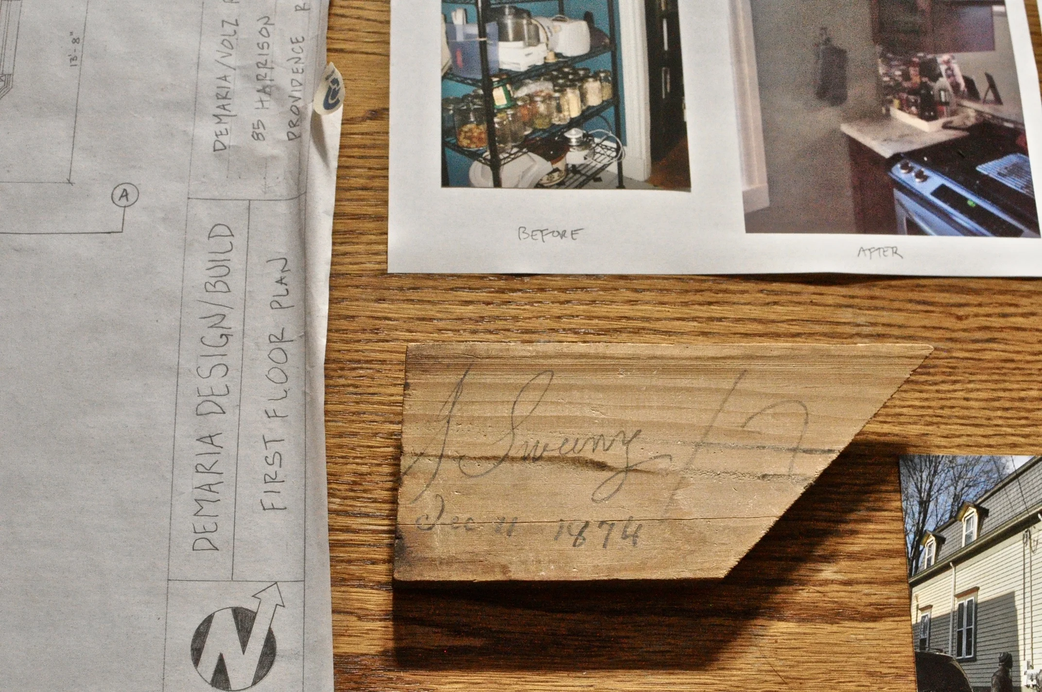 Piece of trim found in a wall on Harrison Street, dated 1874 and signed “J. Sweeney” Photo by Barbra Revill