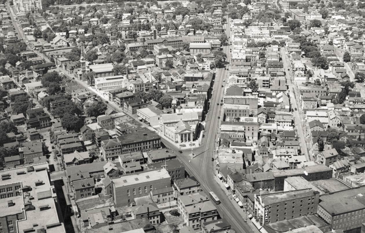  Mid 20th century aerial view of Canonicus Square, which straddles the neighborhoods of West End and Federal Hill 
