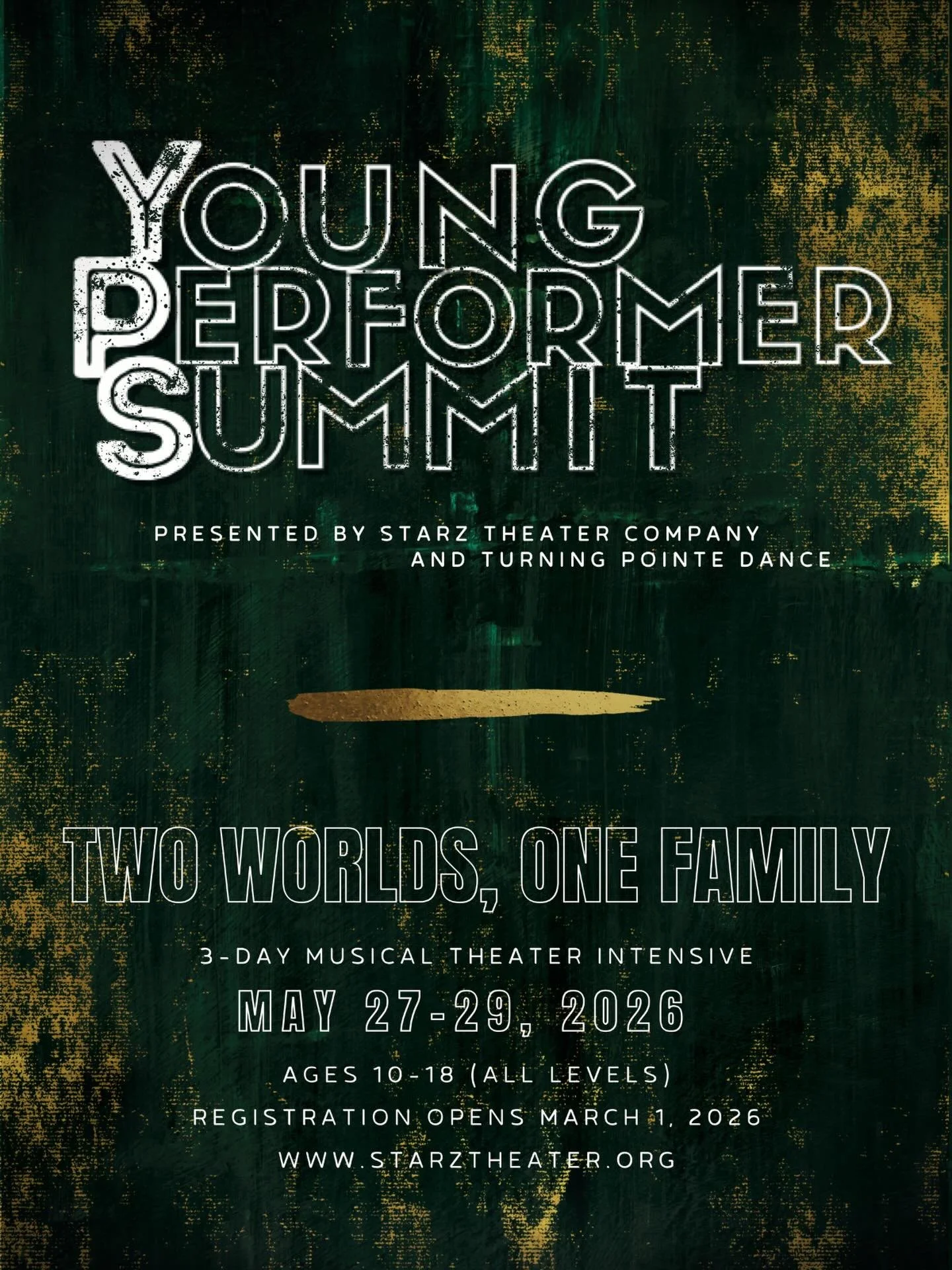 Today is the last day to save on registration for YPS SPOTLIGHT 2026! Early Bird discount ends tonight. 

YOUNG PERFORMER SUMMIT SPOTLIGHT 2026 May 27-29, 2026
 3-Day Musical Theater Intensive + Showcase, Presented by Starz Theater Company &amp; Turn