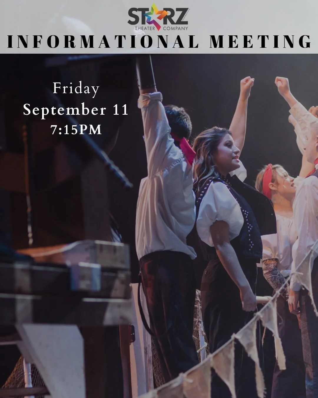 🌟 Interested in STARZ THEATER COMPANY? Come learn what STC is all about! 🌟

NEW DATE: Friday, September 11
7:15 PM
Turning Pointe School of Dance

We&rsquo;ll share more about STC, our upcoming 2026&ndash;2027 season, auditions, the season commitme
