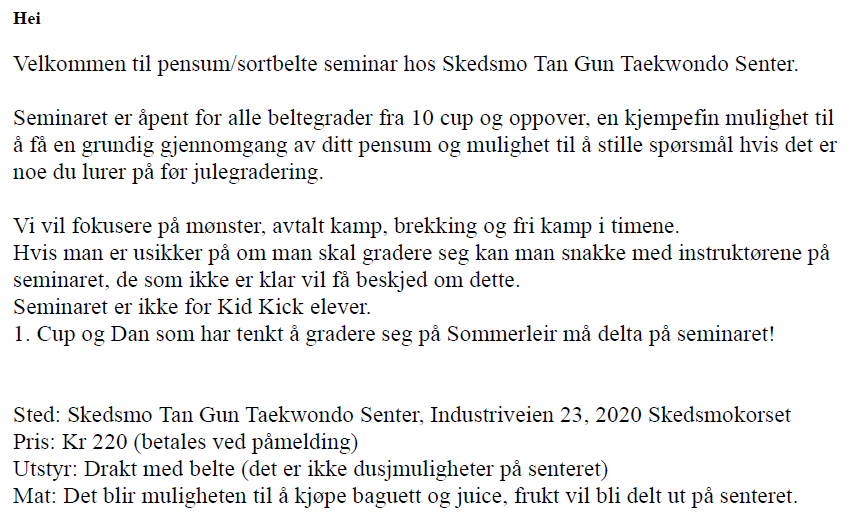 Påmeldingsskjema og program til pensumseminar ved Skedsmo Tan Gun