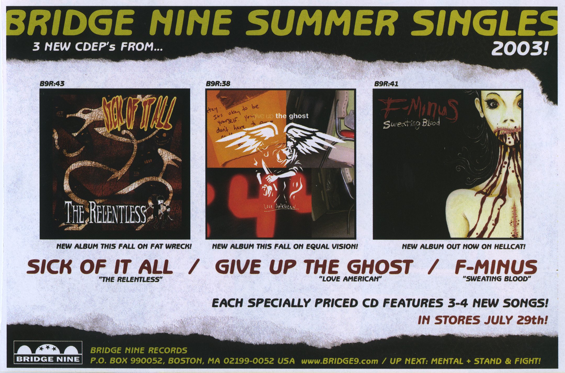 Bridge Nine half-page ad for the 2003 "Summer Singles" EPs in Law of Inertia magazine, issue #4 (Summer 2003)