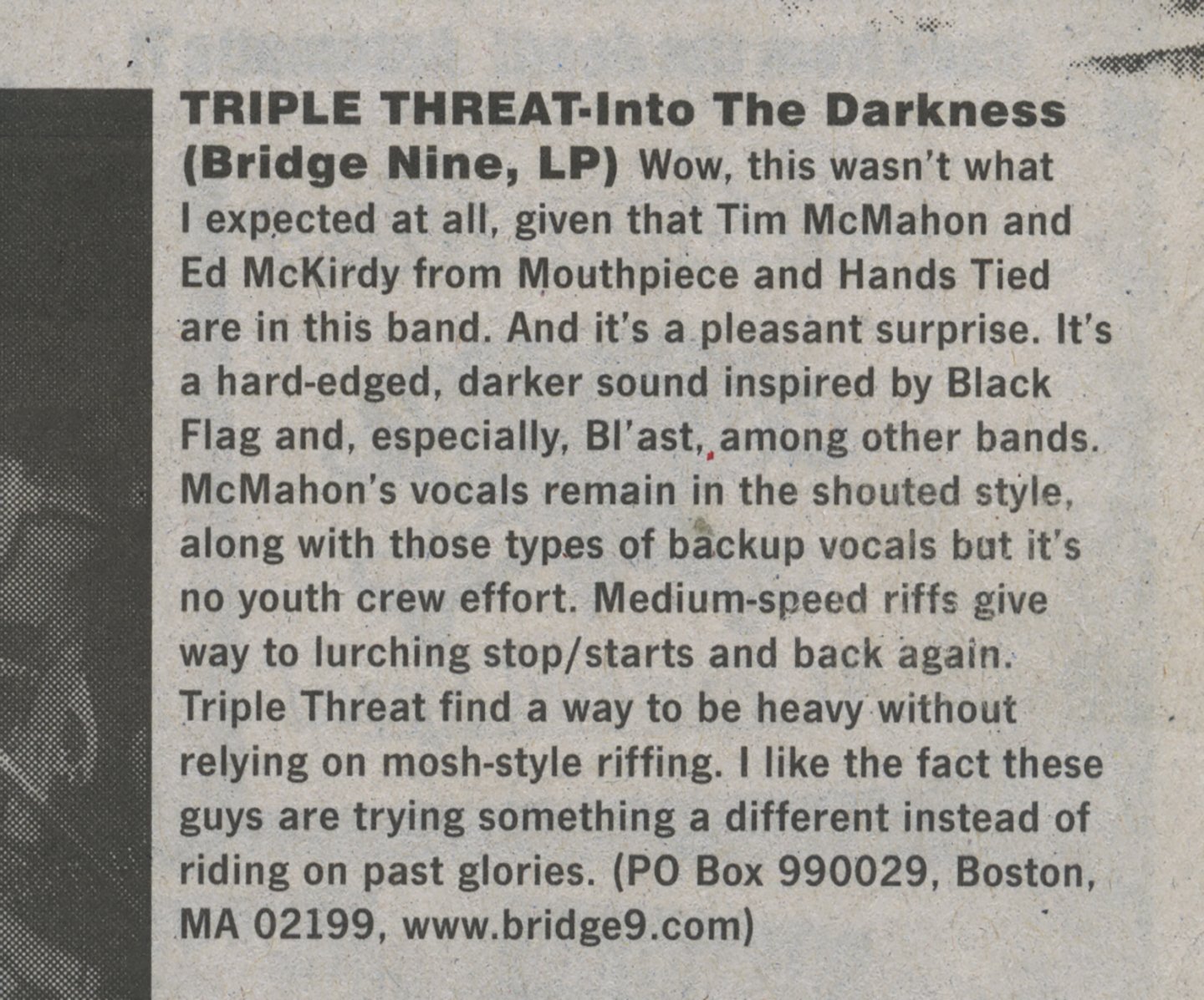 Triple Threat "Into The Darkness" review by Al Quint in AMP Magazine (2006)