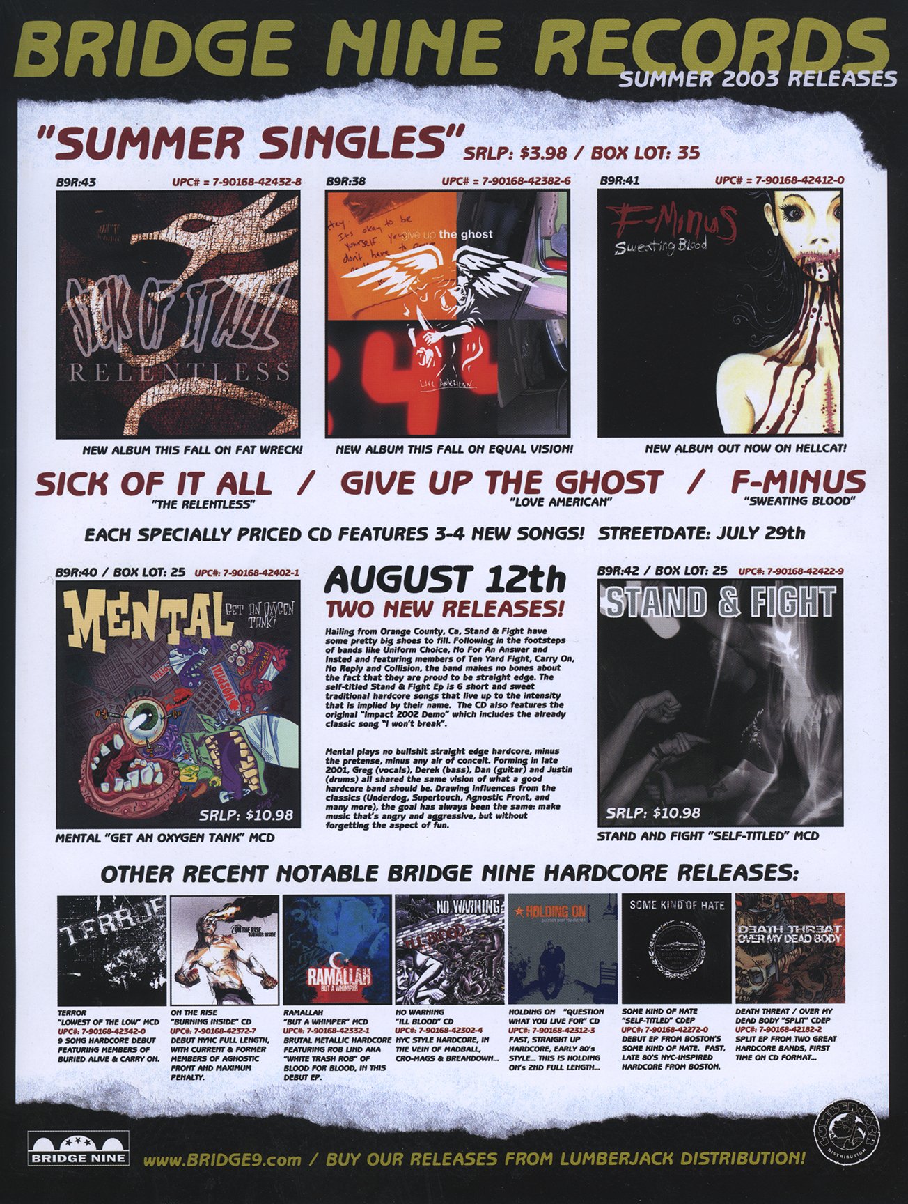 Full-page ad for Bridge Nine's 2003 releases in the Lumberjack Distribution catalog (2003)