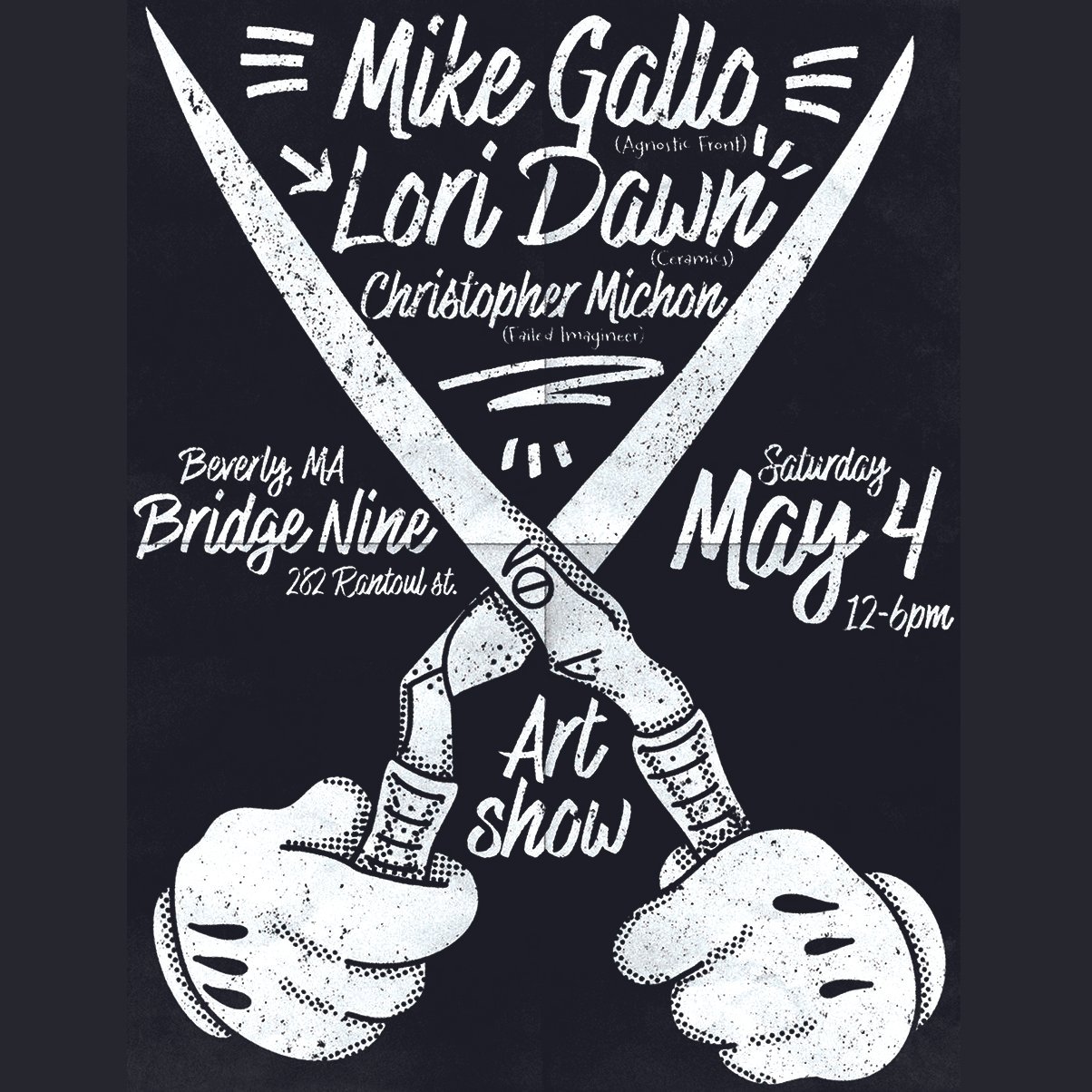 https://www.bridge9.com/news/2024/2/22/artist-exhibit-at-bridge-nine-on-may-4th-mike-gallo-agnostic-front-lori-dawn-christopher-michon-failed-imagineer