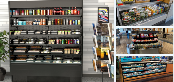 Refrigerated retail display case stocked with beverages, snacks, and prepared foods, alongside smaller images of similar grab-and-go food display setups in commercial settings.